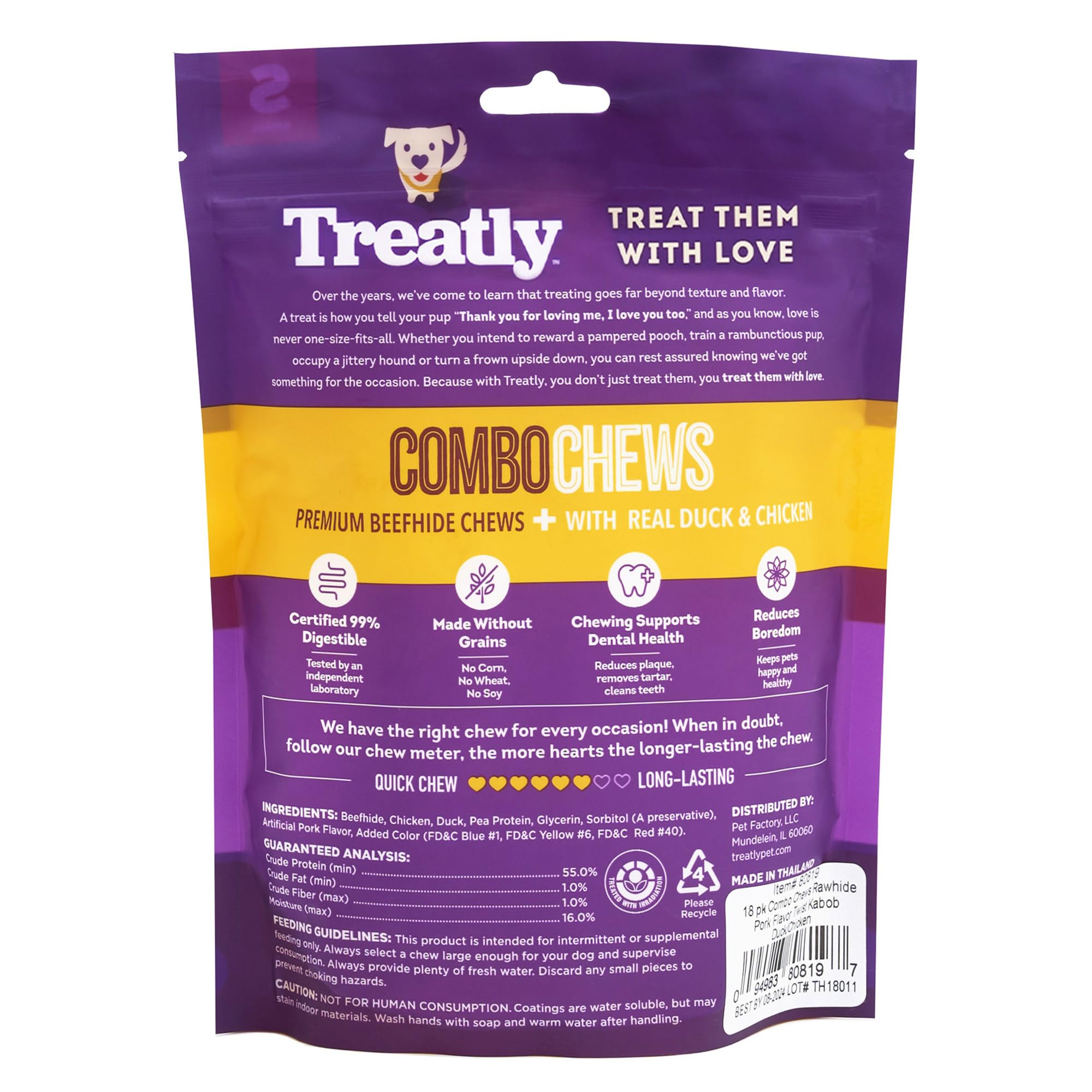 Treatly Combo Chews Rawhide/Pork Flavor Rawhide Kabob 5 w/Duck/Chicken Meat Wrap Dog Chew Treats - 18 Count/1 Pack