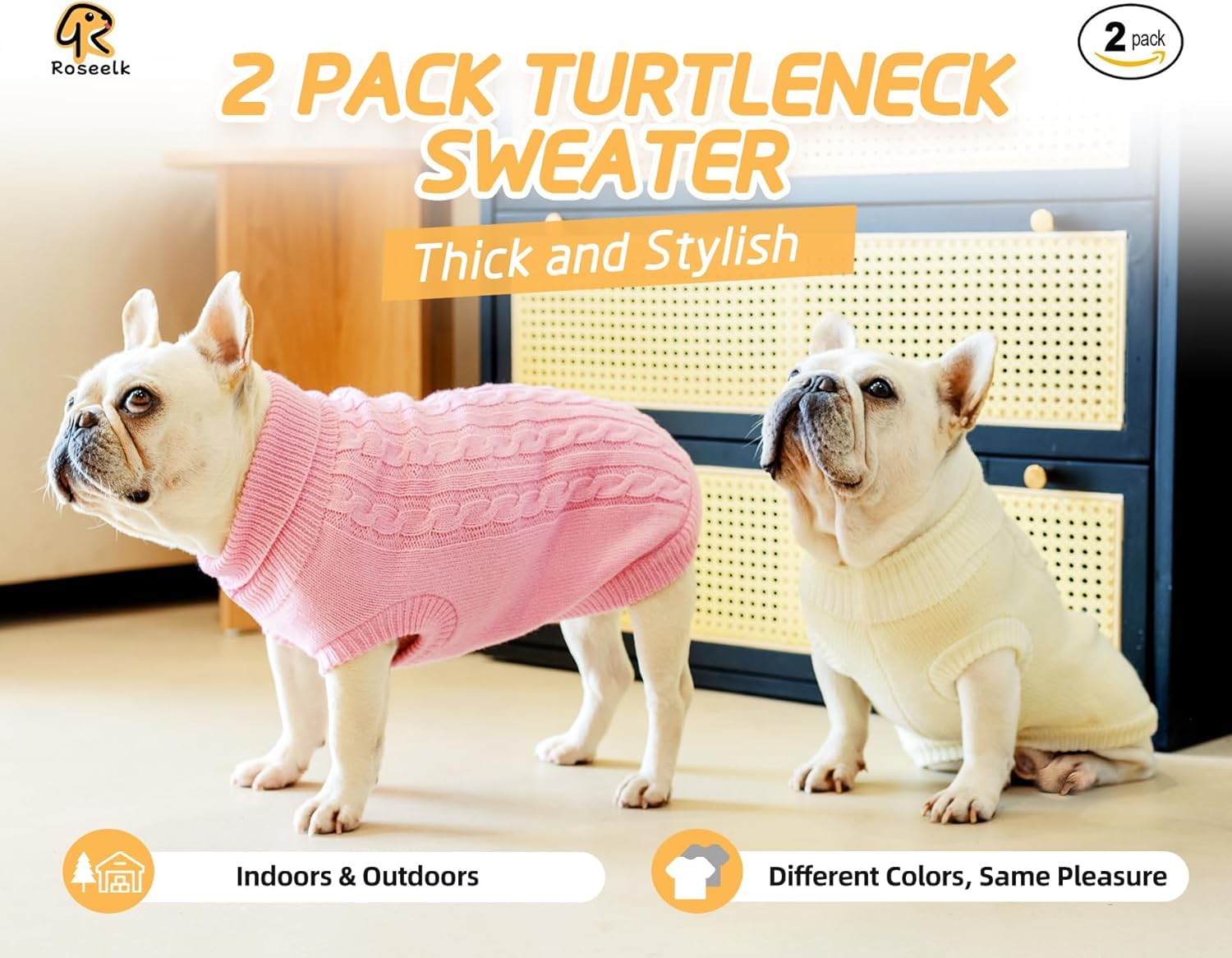 Roseelk 2 Pack Dog Sweaters For Small Dogs - Puppy Medium Warm Clothes In Winter, Turtleneck Pullover Design For Boy Girl Pet, Doggie, Cat, Kitten Chihuahua Bulldog Pug Beagles (3Xl, Grey, Beige)