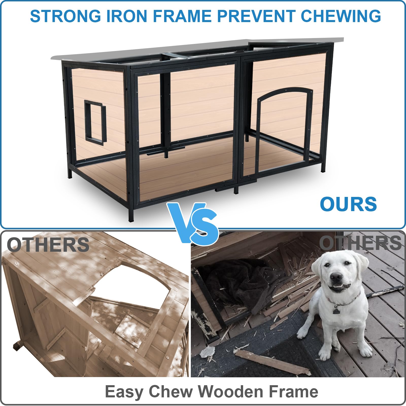 Funxplore Extra Large Dog House Outdoor Weatherproof 59.1'' Outside Wooden Dog Kennel, Chewproof Strong Iron Frame Window