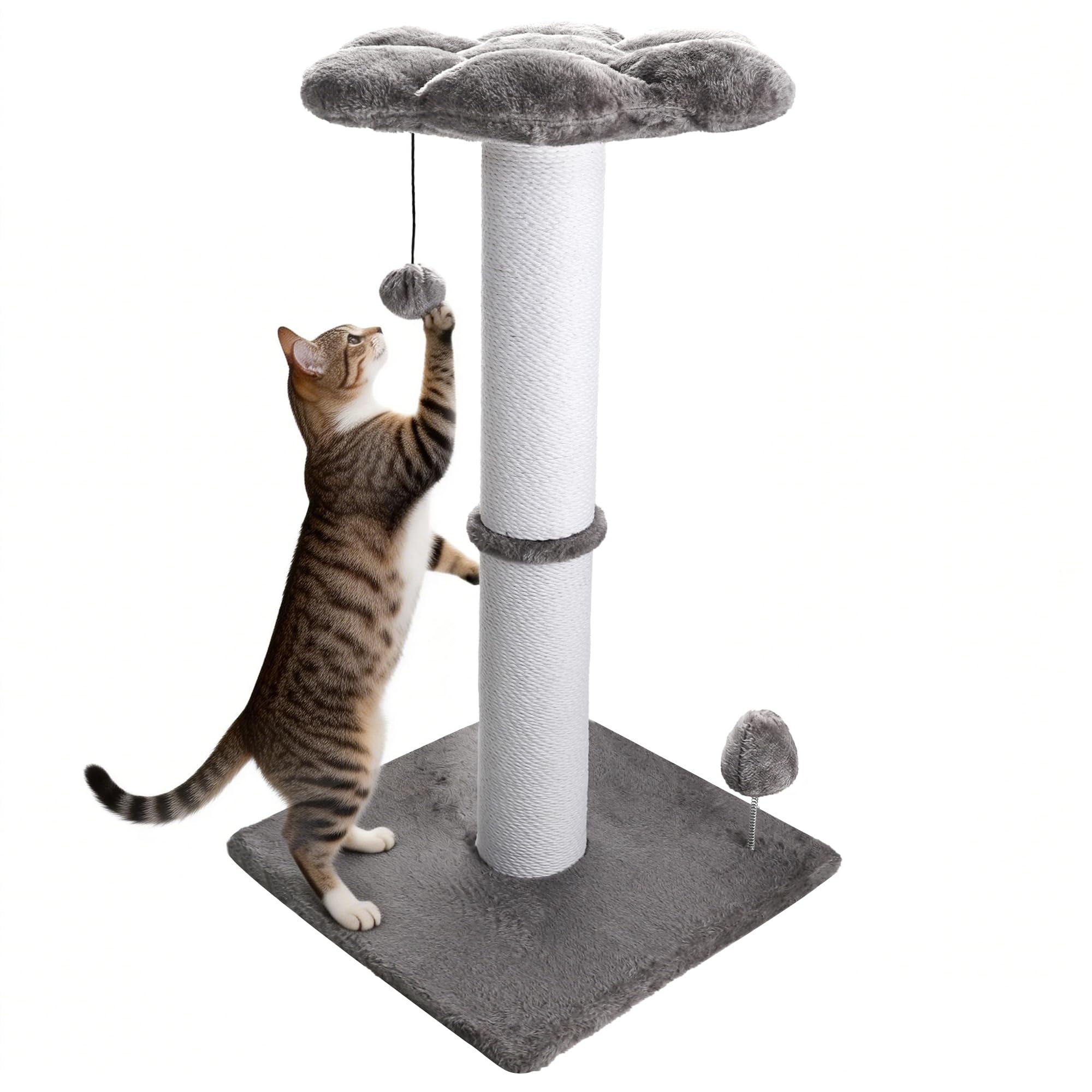 Ahomdoo Heavy Duty Cat Scratching Post 30 Inch Cotton Rope Cats Scratcher with Flower Cat Perch & Hanging Ball for Indoor Cats T