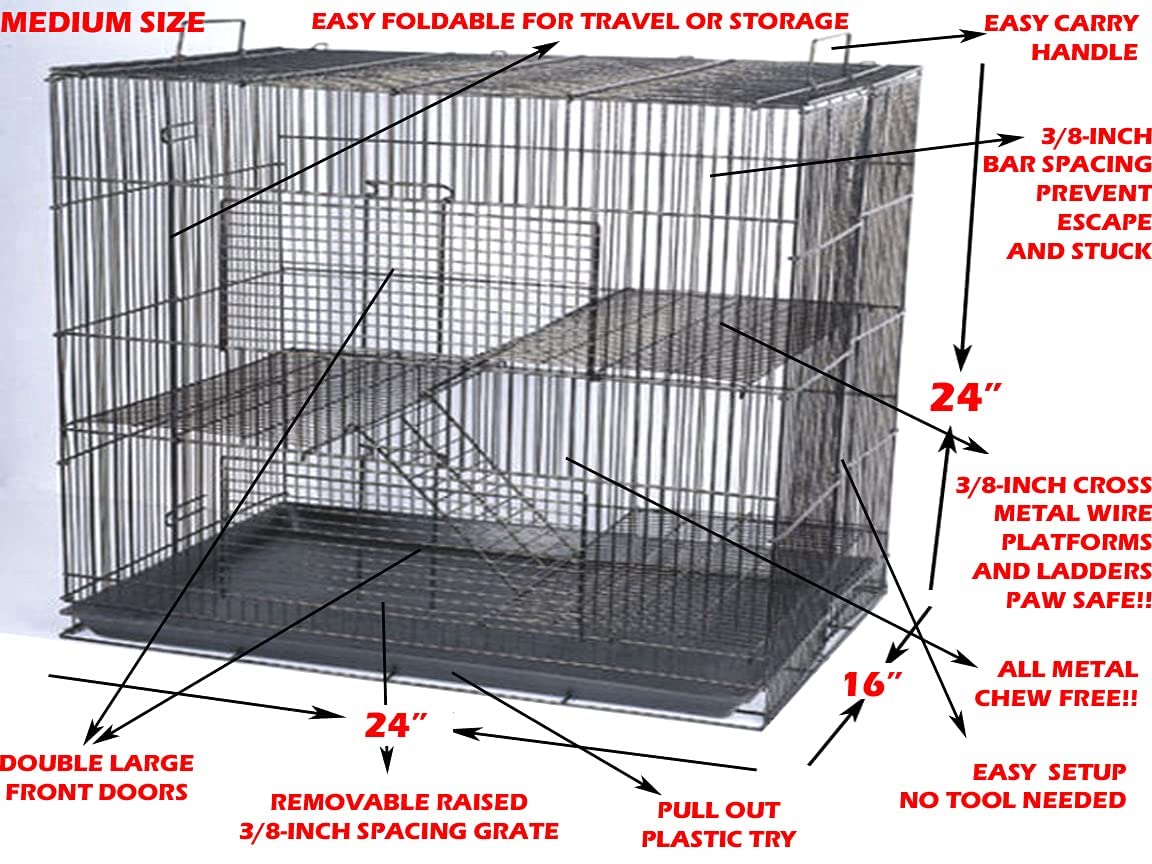 3-Level Foldable Ferret Chinchilla Sugar Glider Rats Animal Chew Free Metal Carrier Travel Cage Tight 3/8 Inch Wire Spacing Prevent Escape With Cross Shelves And Ladders