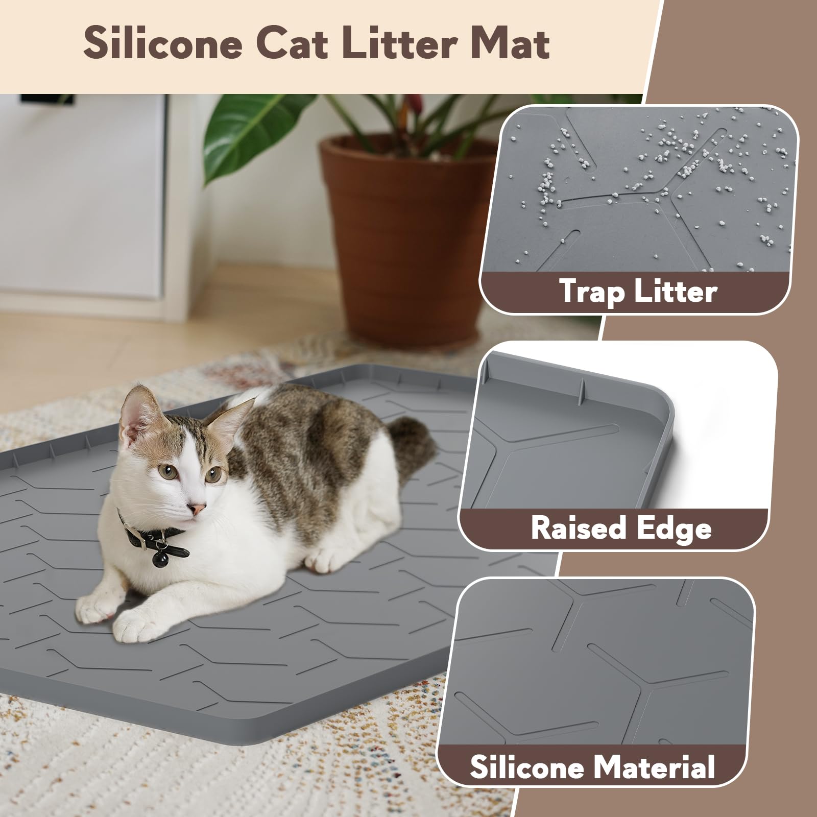 Garoopion Cat Litter Box Mat, Large 34'' X 22'' Cat Litter Mat, Waterproof Silicone Pad For Floor, Dark Gray