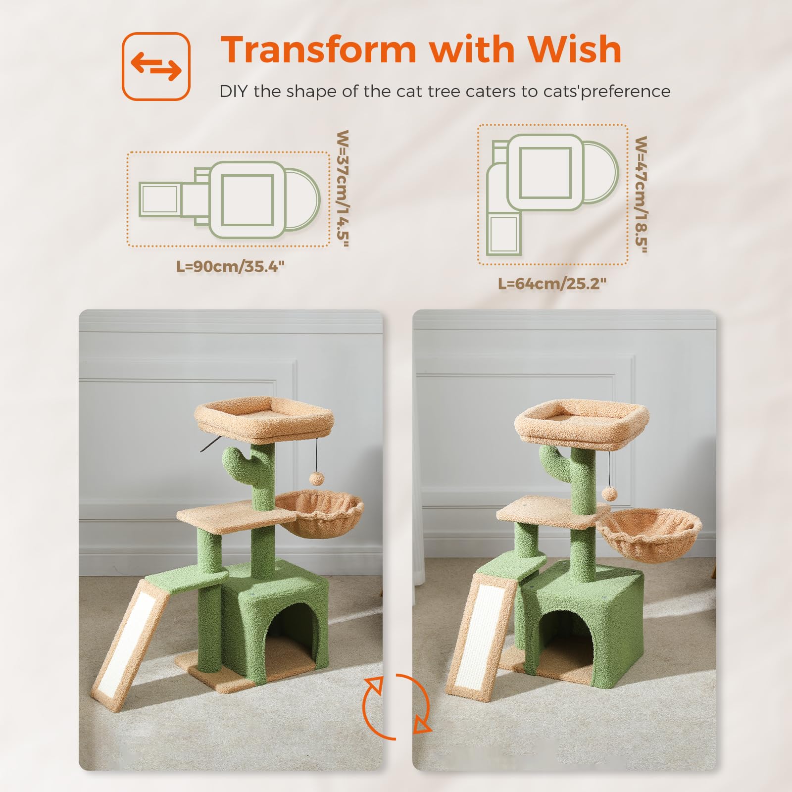 Petepela Cactus Cat Tree For Indoor Cats, 32'' Small Cat Tower Cat Condo With Sisal Scratching Ramp, Cozy Hammock And Removable