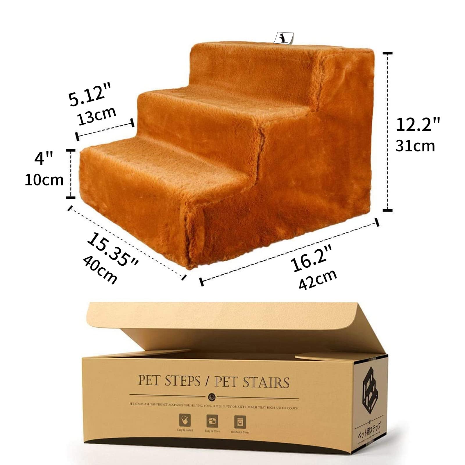 Enjoying Dog Stairs For Small Dogs, 3-Step Doggy Ladder For Couch, Assemblable Non-Slip Puppy Cat Steps, Brown