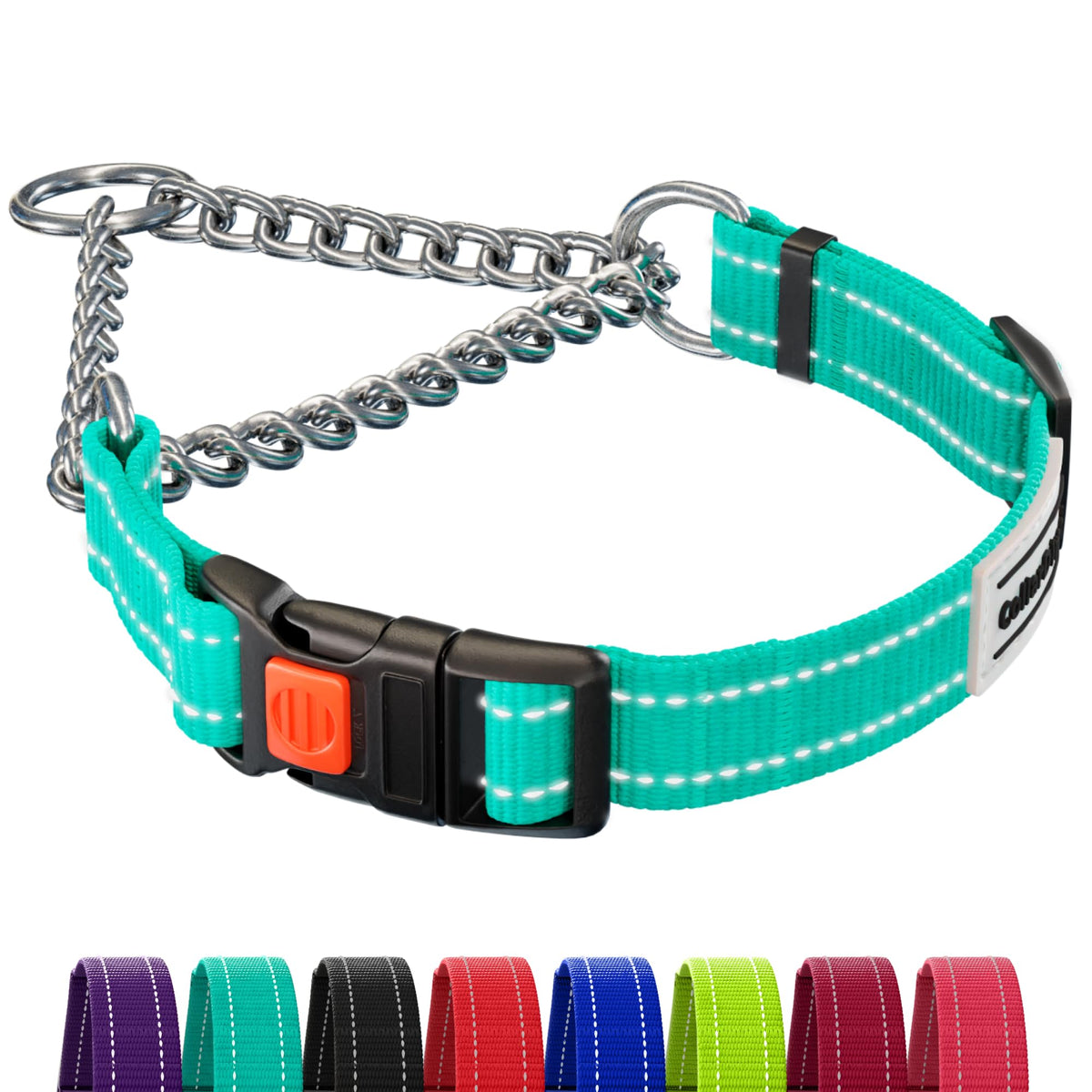 Collardirect Martingale Dog Collar With Stainless Steel Chain And Quick Release Buckle - Reflective Collar For Large, Medium, Small Dogs - Mint Green, Large (Neck Size 17'-22')