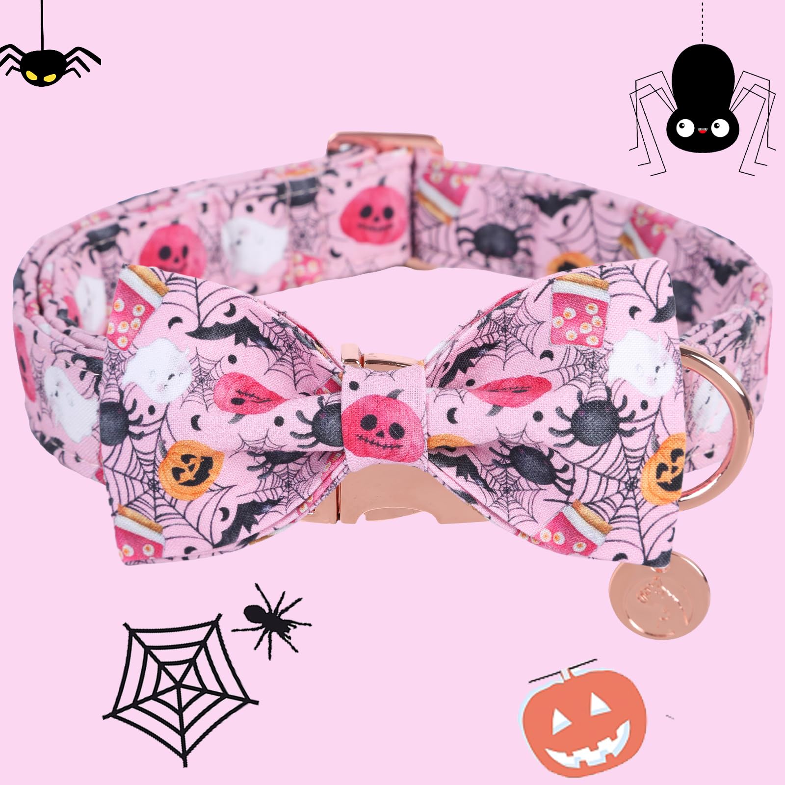 Dogwong Fall Dog Collar With Bowtie - Pink Fall Dog Collar Soft Cotton Autumn Dogs Necklace - Halloween Puppy Necklace For Small