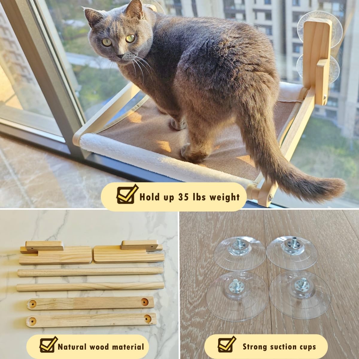 Gesomepurrz Foldable Cat Window Perch, Natural Wood, 16.5 Inches*12 Inches Hammock, 35 Lbs Weight Limit, Cat Window Hammock For