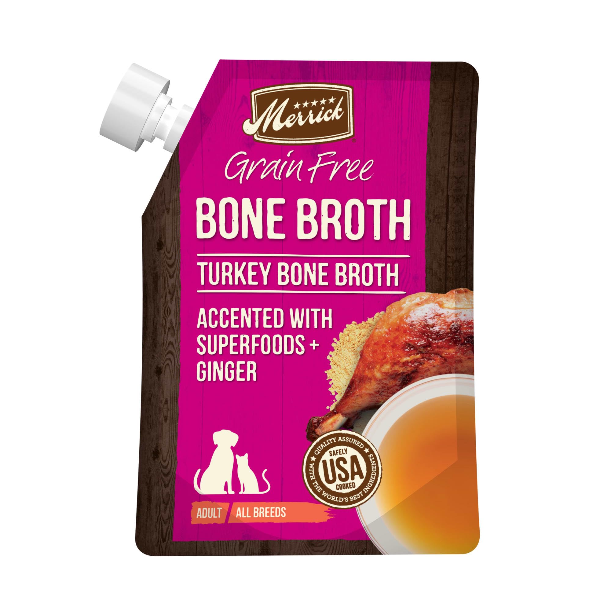 Merrick Grain Free Bone Broth, Premium Human Grade And Gluten Free Dog And Cat Food Topper Pouches, Turkey - 16 oz. Pouch
