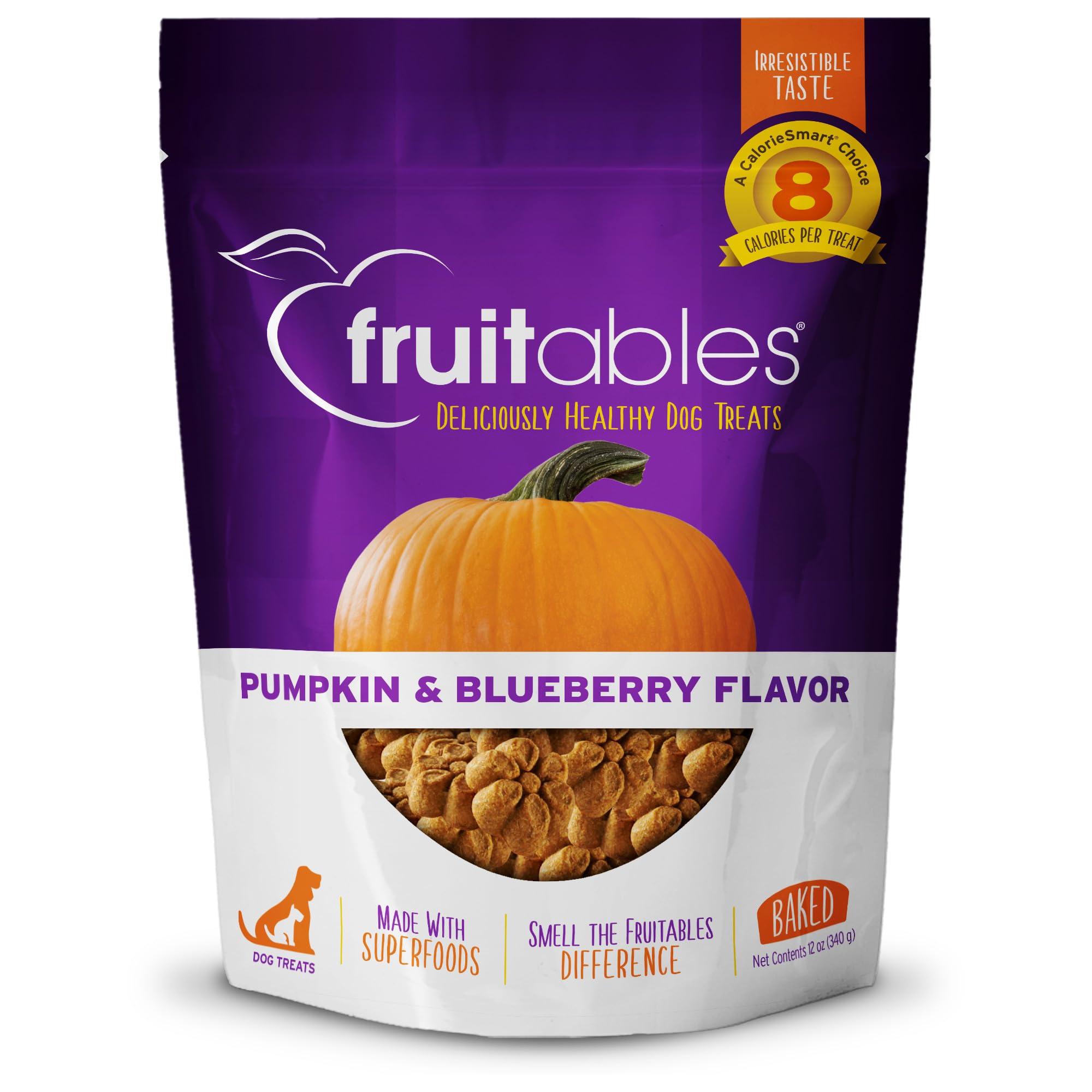 Fruitables Baked Dog Treats - Healthy Low Calorie , Free of Wheat, Corn and Soy - Pumpkin and Blueberry - 12 Ounces
