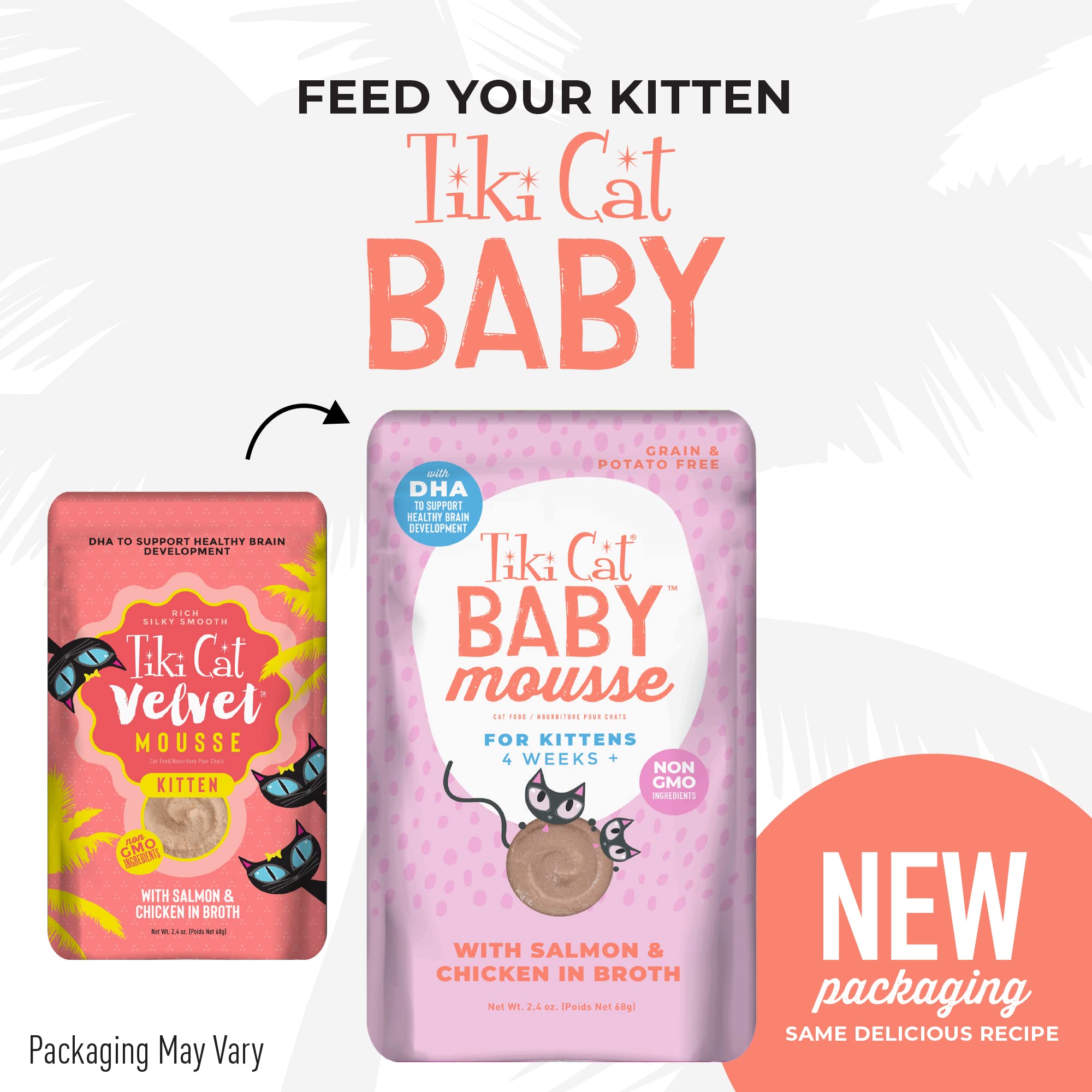 Tiki Cat Baby, Salmon & Chicken, Grain-Free and Nutrient Rich, Wet Cat Food for Kittens 4 Weeks+, 2.4 oz. Pouch (12 Count)