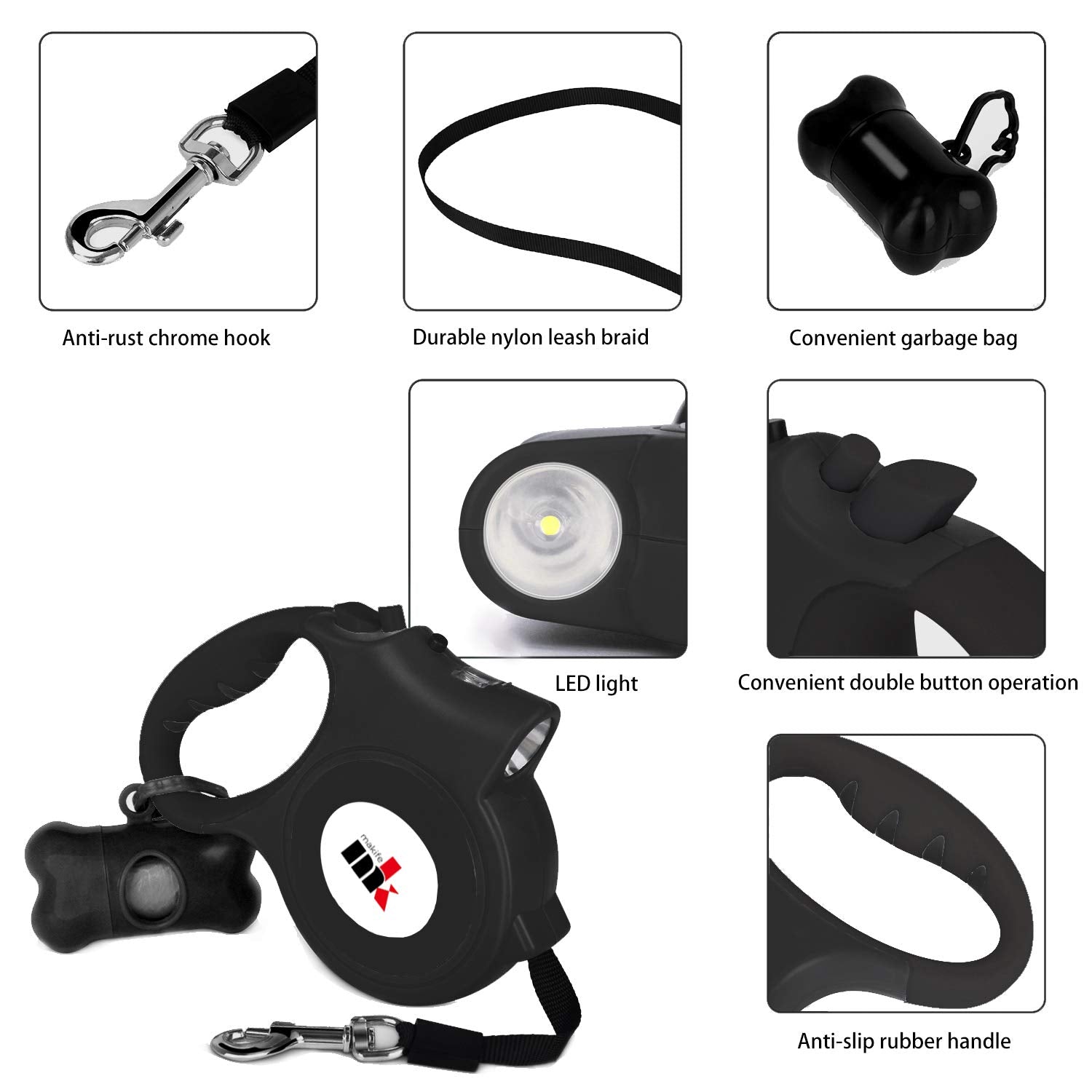 Retractable Dog Leash With Led Light Makife 5M Extendable Dog Lead For Small Medium Puppis Up To 25Kgs, One-Hand Brake & Lock Sy