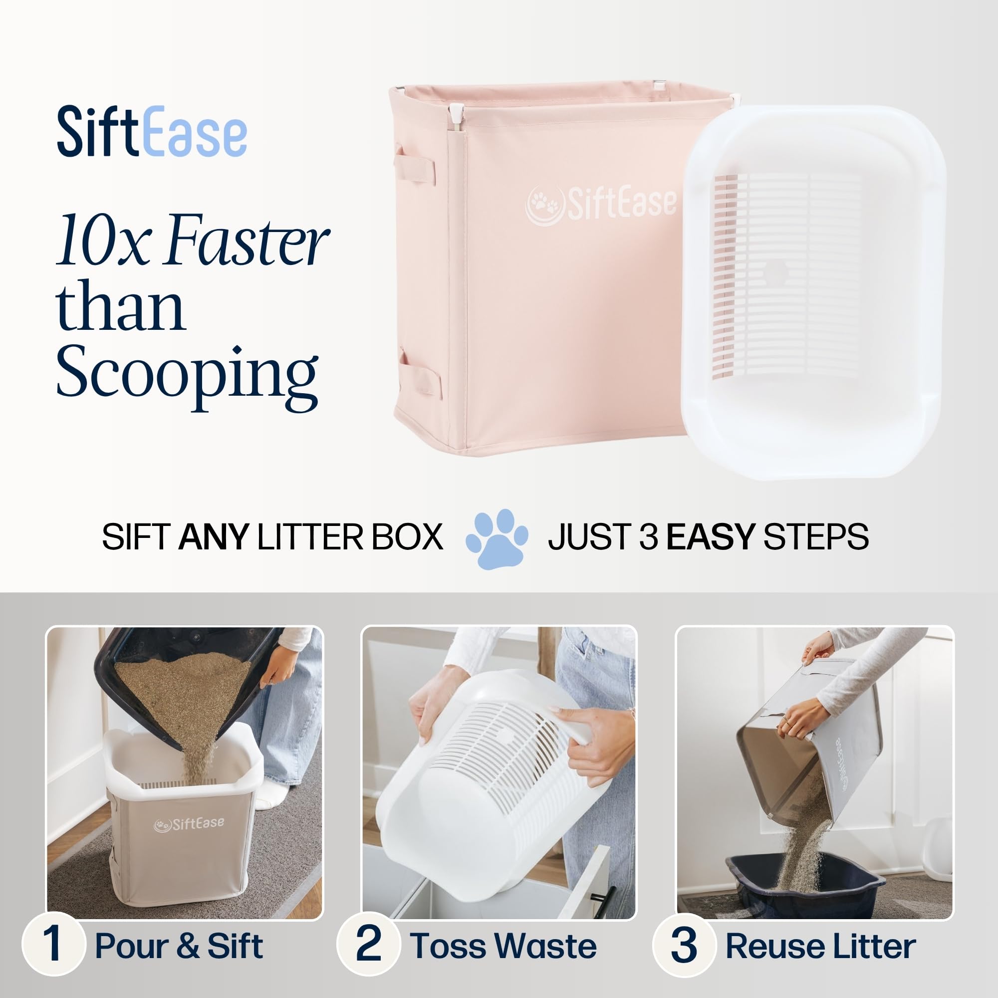 Cat Litter Sifter - SiftEase Sifting Litter Box Cleaner, Fast & Easy Scoop Free Cleaning, Large Sifter with Bin for Longer Lasti