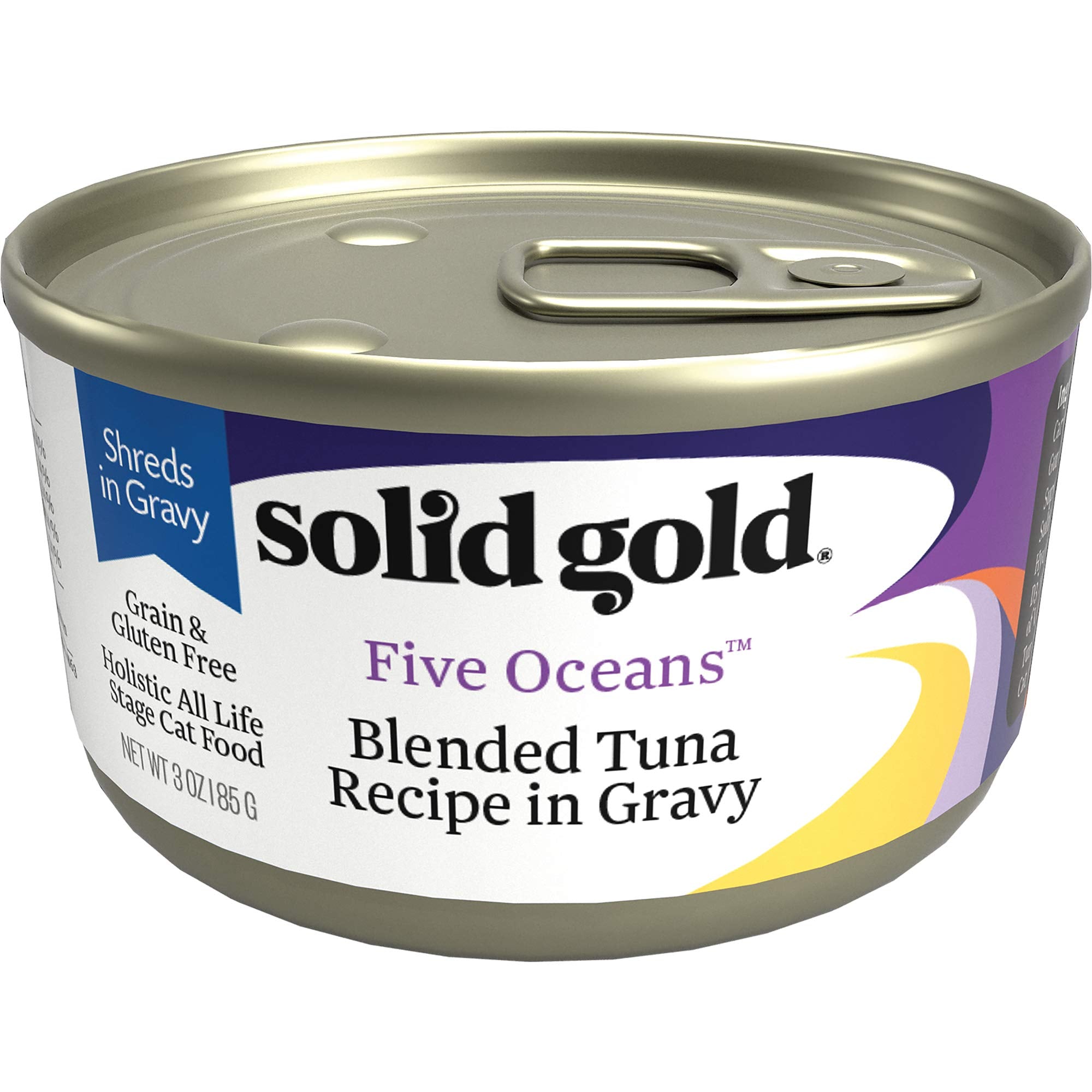Solid Gold Wet Cat Food Shreds in Gravy - Canned Cat Food Made w/Real Tuna - Five Oceans Grain Free - 24ct/3oz Can