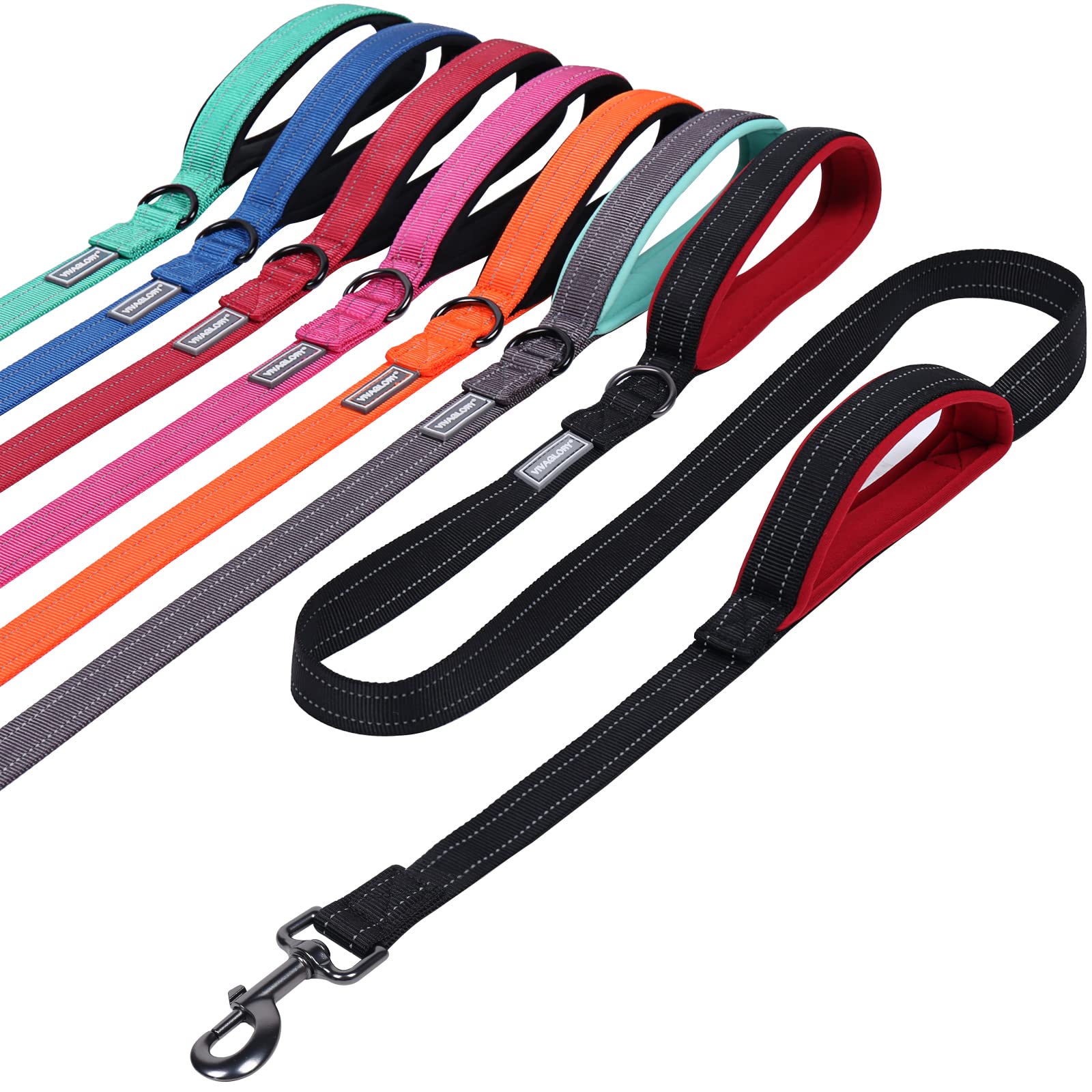 Vivaglory Traffic Handle Dog Leashes, Two Padded Soft Handles Strong Dog Leash, Reflective & Metal Hook Training Dog Lead, Black
