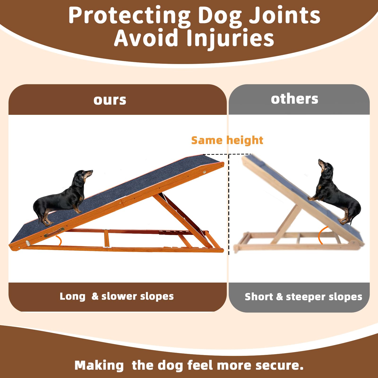 Jopavo Dog Ramp For Bed - 65'' Length, Supports Up To 32'' Height,Includes Non-Slip Replaceable Carpet, Safety Rails & Landing P