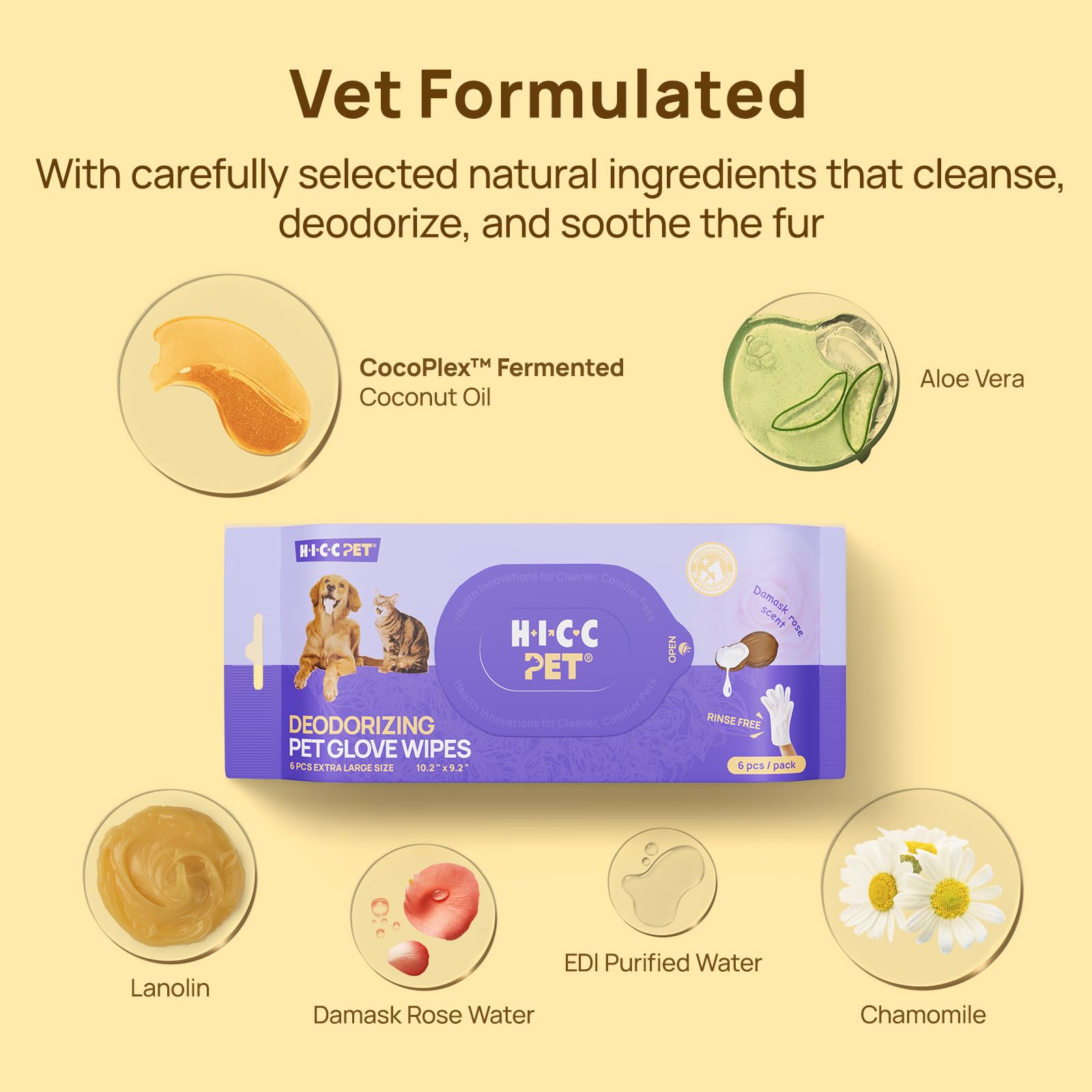 Hicc Pet Dog Wipes Cleaning Deodorizing, Hypoallergenic Grooming Bath Glove Wipes With Coconut Oil - Remove Dirt And Odors, Nour