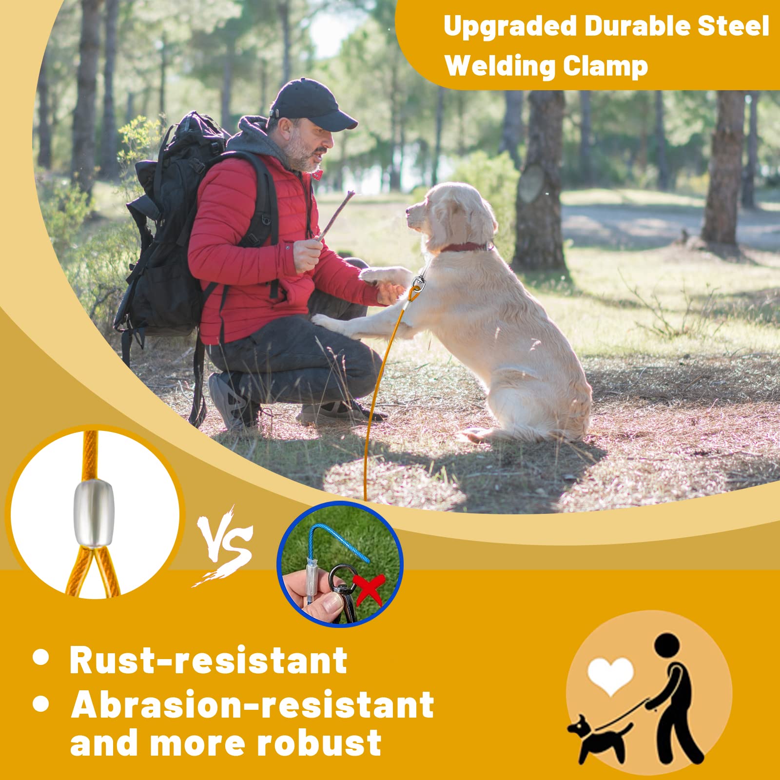 Haiyuan Dog Tie Out Cable 10/15/20/25/30 Ft Dog Runner For Yard Steel Wire Dog Cable With Durable Superior Clips Yellow Dog Chains For Outside Dog Lead For Large Dogs Up To 165 Lbs