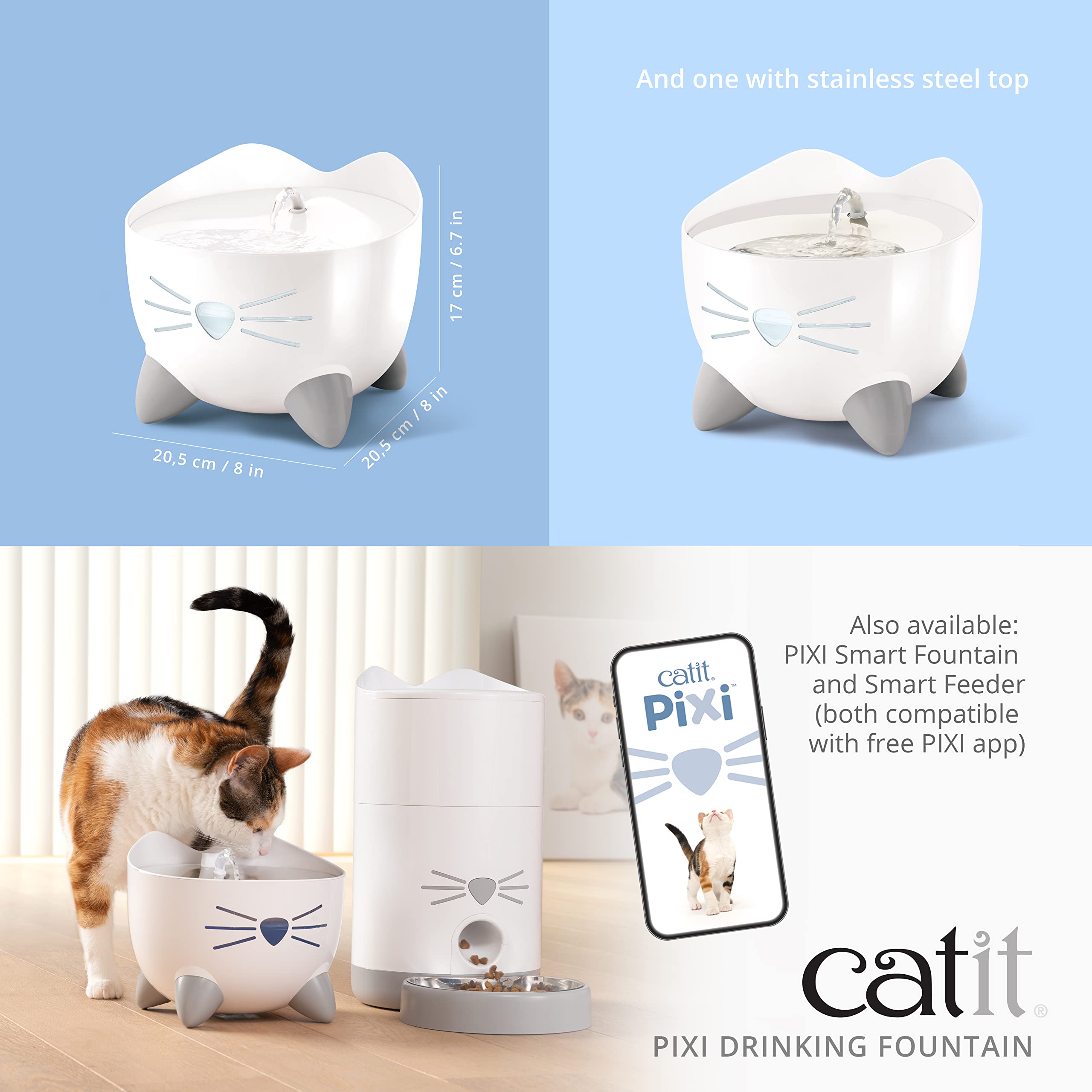 Catit Pixi Drinking Fountain – Cat Water Fountain With Triple Filter And Ergonomic Drinking Options, Stainless Steel