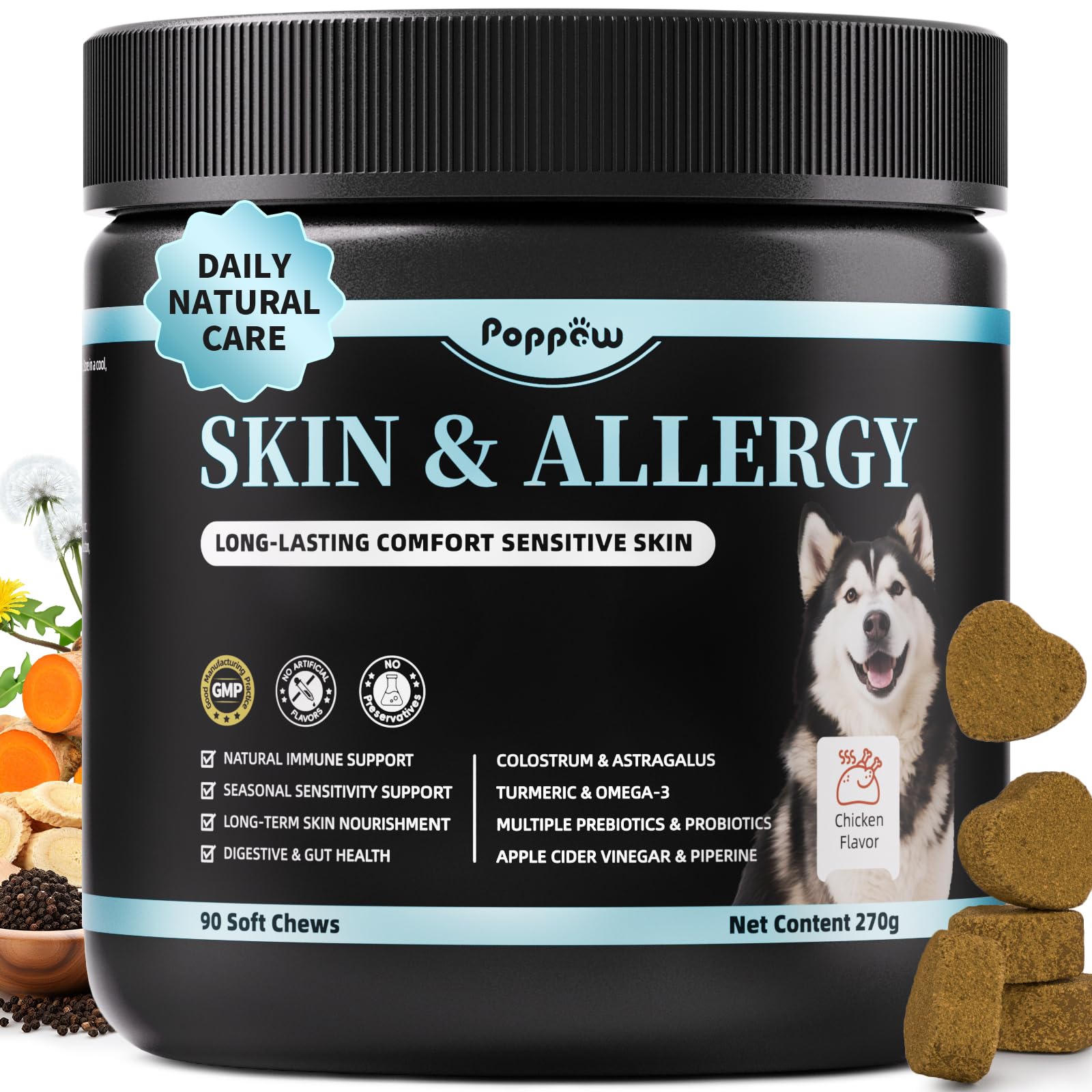 POPPAW Dog Skin & Allergy Chews - Dog Probiotics for Sensitive Skin Health Support - Allergy Relief - Support Seasonal Allergies