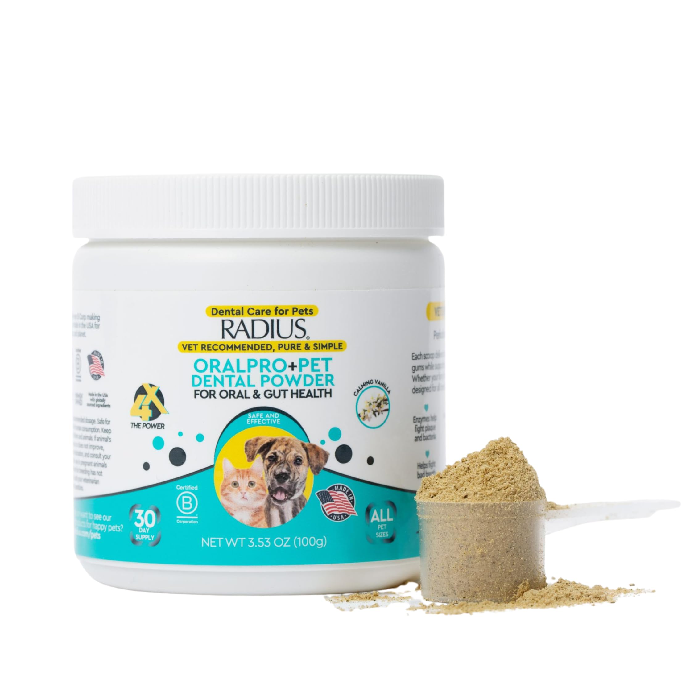 Radius OralPro+ Pet Dental and Gut Powder  EnzymePowered Dog and Cat Plaque and Tartar Remover  Natural Vanilla Daily Meal To