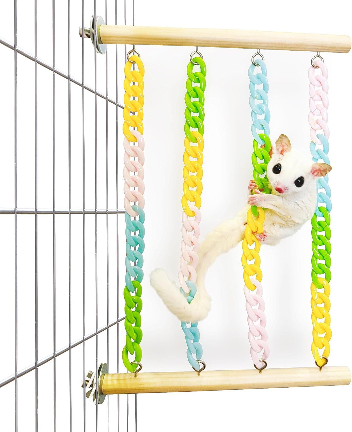Jevnd Sugar Glider Climbing Toys, Natural Wood With Sturdy Colorful Chains Hanging Toys Sugar Glider Cage Accessories, Wobble-Fr