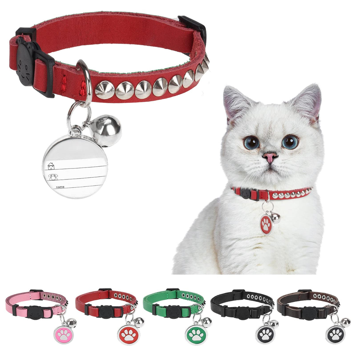Dillybud Leather Personalized Breakaway Cat Collar With Studded Bell And Safety Quick Release Buckle - Rivets Studded Id Diy Col