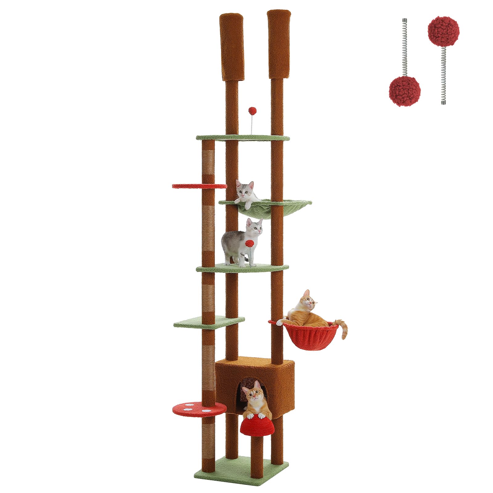 Pequlti Mushroom Cat Tree Floor To Ceiling Cat Tower Adjustable Height (90.5''-100.4'' = 230Cm-252Cm) With Cat Condo, Cozy Hammo