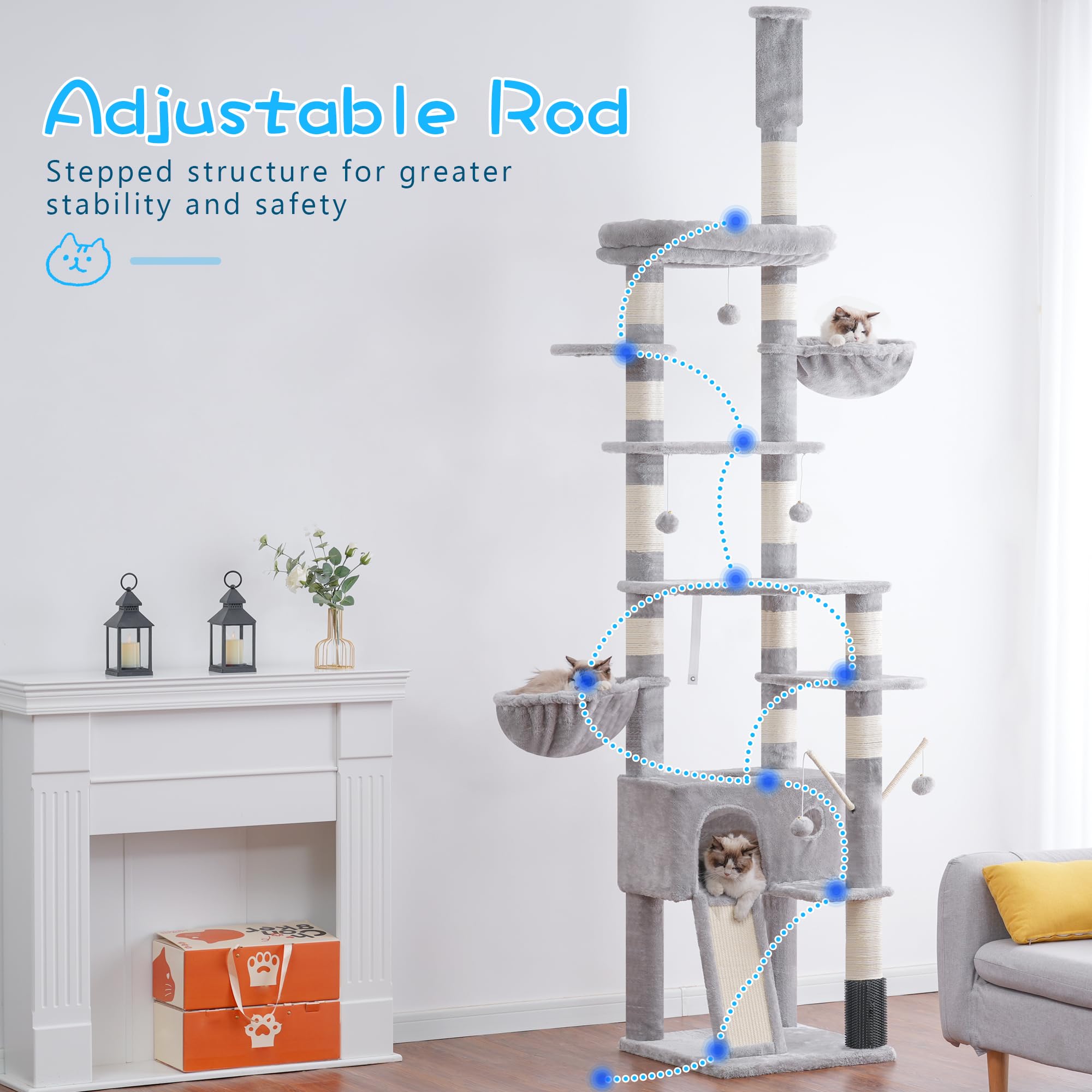 Hey-Brother Cat Tree, 98.4-110.2 Inches Floor To Ceiling Cat Tree-Adjustable Height, Tall Cat Climbing Tower For Cats Large Adul