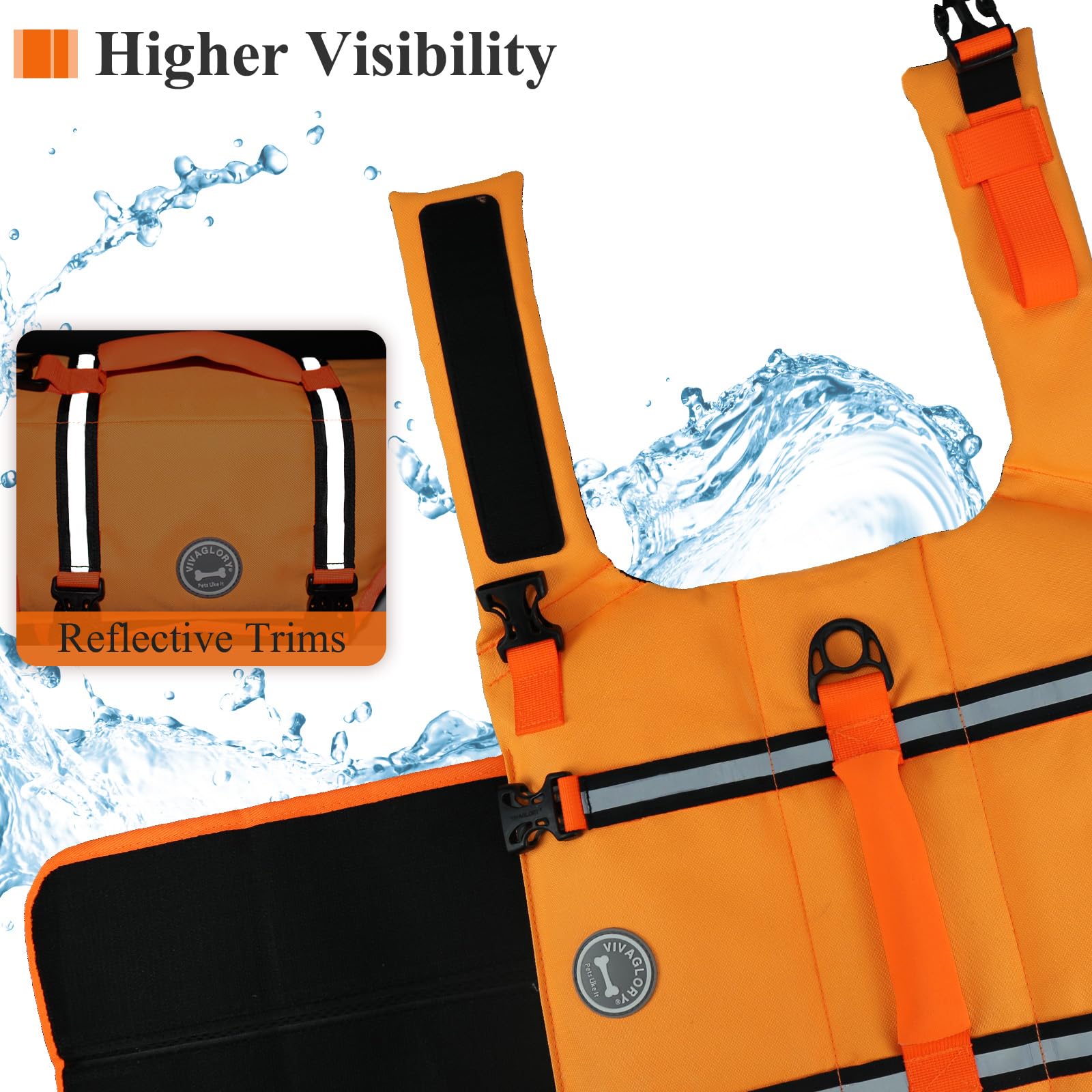 Vivaglory Ripstop Dog Life Jacket For Small Medium Large Dogs Boating, Dog Swimming Vest With Enhanced Buoyancy & Visibility, Dark Orange
