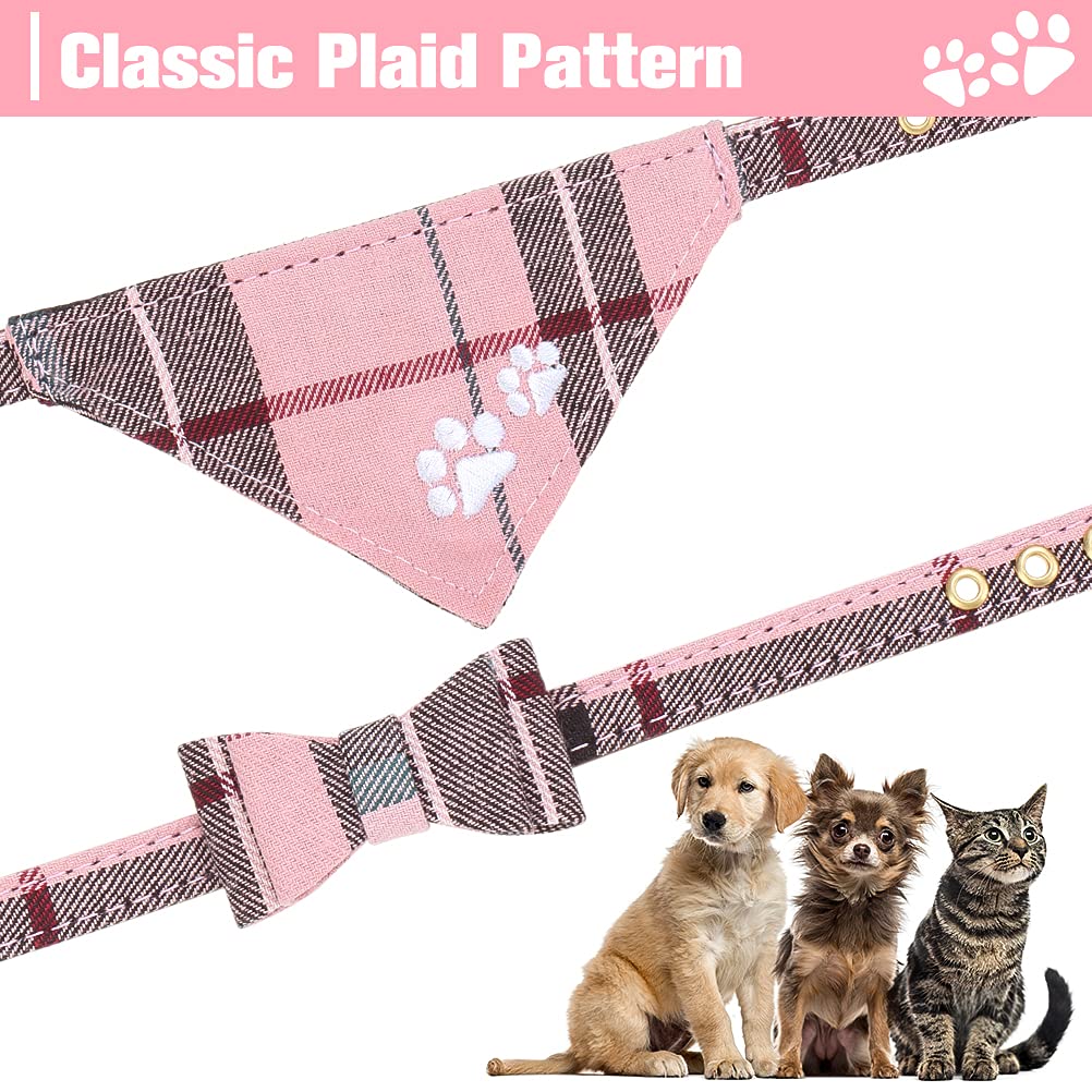 Expawlorer Puppy Collar And Leash Set - Plaid Dog Collar And Leash With Bow Tie And Bandana, Bell, Xs Pink