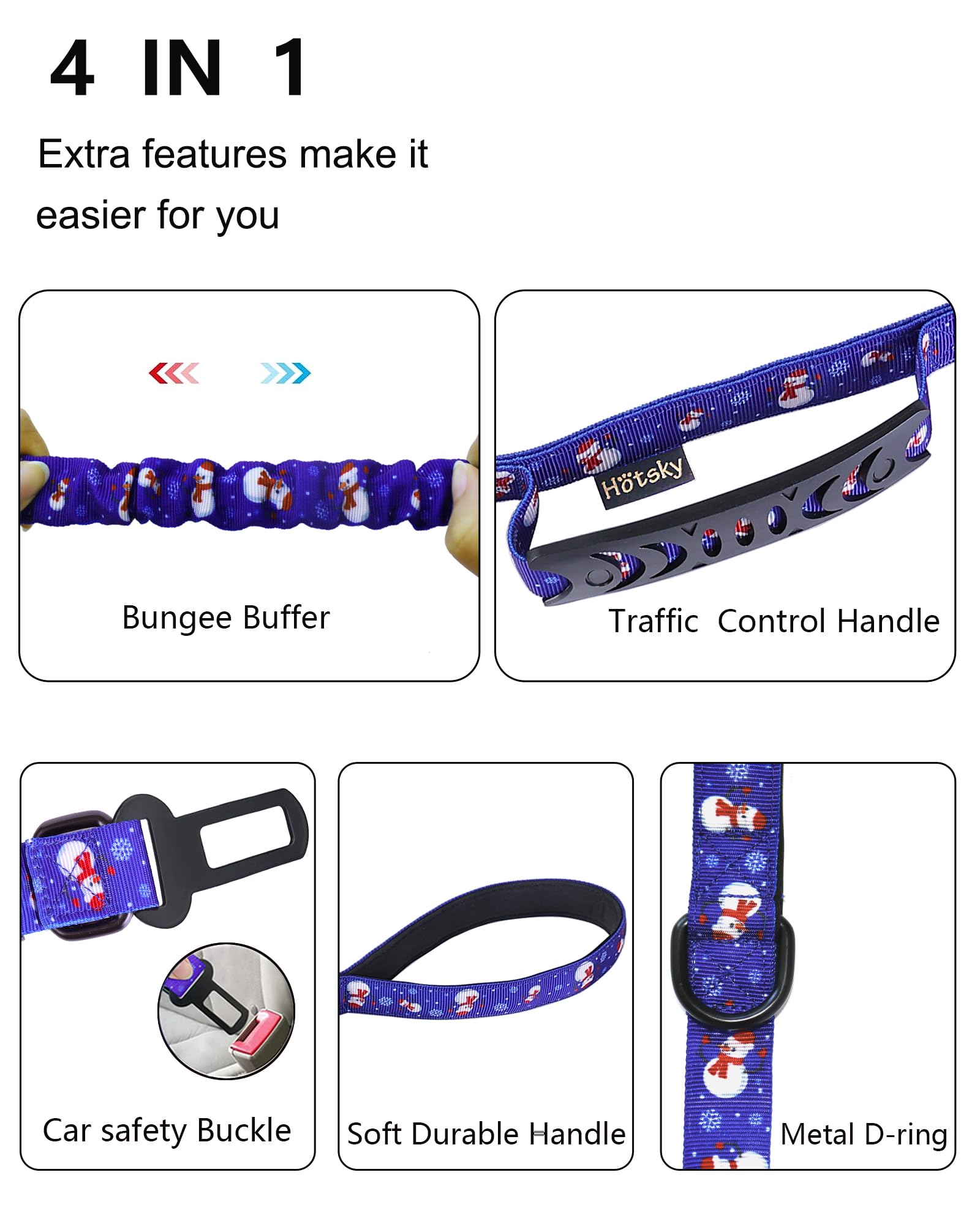 Hotsky Christmas Dog Leash Heavy Duty, Tactical Bungee Dog Leash With Car Seat Belt And Dual Handle For Medium Large Dogs, 4-6Ft Adjustable Shock Absorbing Strong Dog Leash For Training,Sapphire Blue