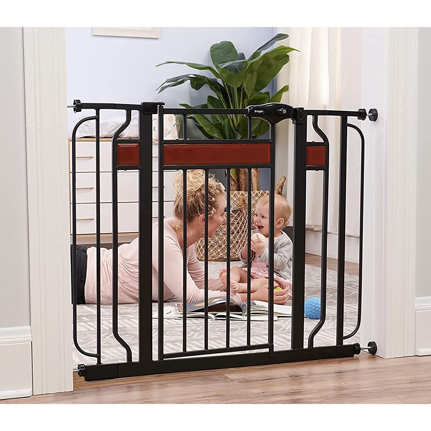 Regalo Home Accents Extra Wide Walk Thru Baby Gate, Includes Décor Hardwood, 4-Inch Extension Kit, 4-Inch Extension Kit, 4 Pack Of Pressure Mount Kit And 4 Pack Of Wall Cups And Mounting Kit