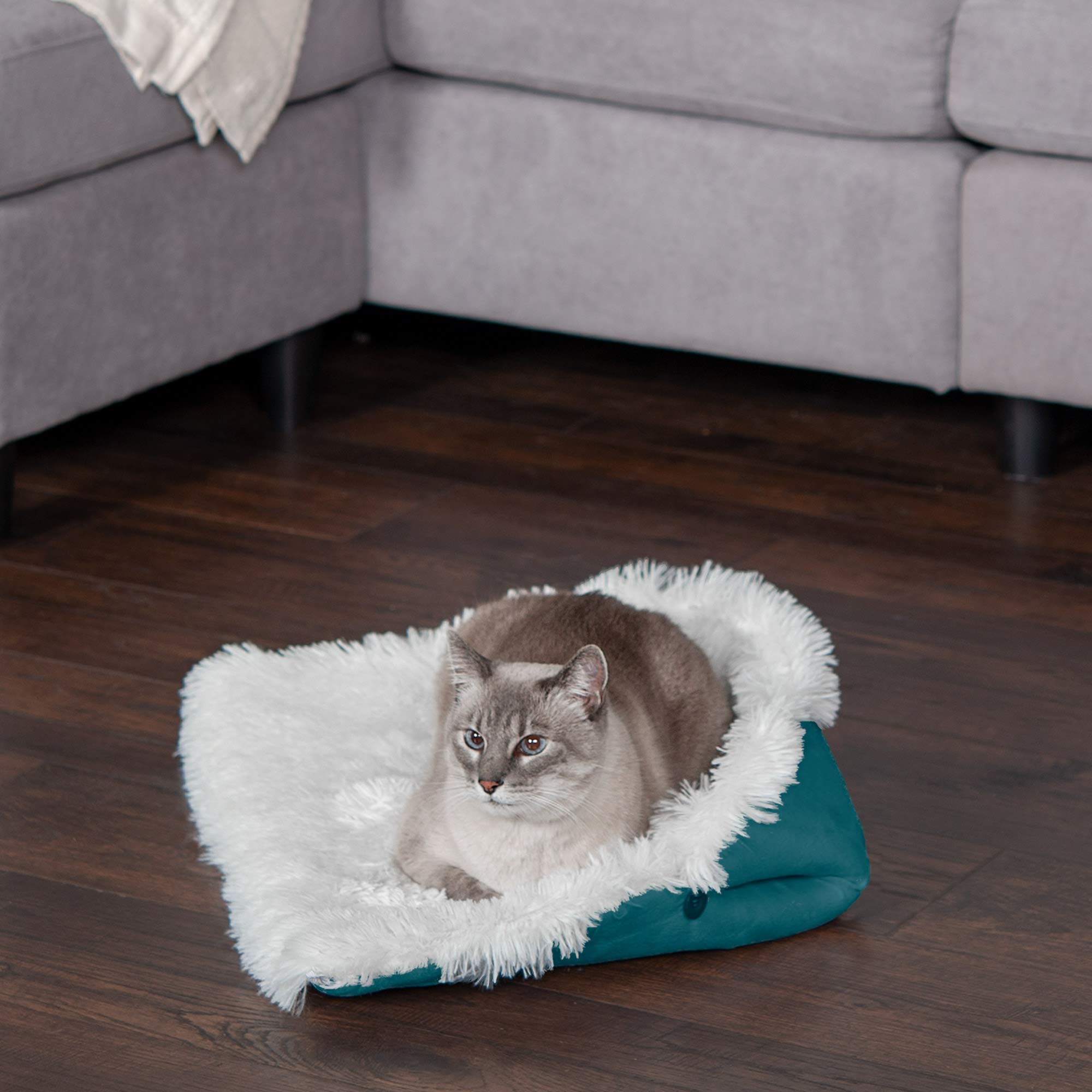Furhaven Self-Warming Cat Bed for Indoor Cats, 4-Beds-in-1 & Washable - Plush Long Faux Fur Convertible Cuddler - Spruce, Small