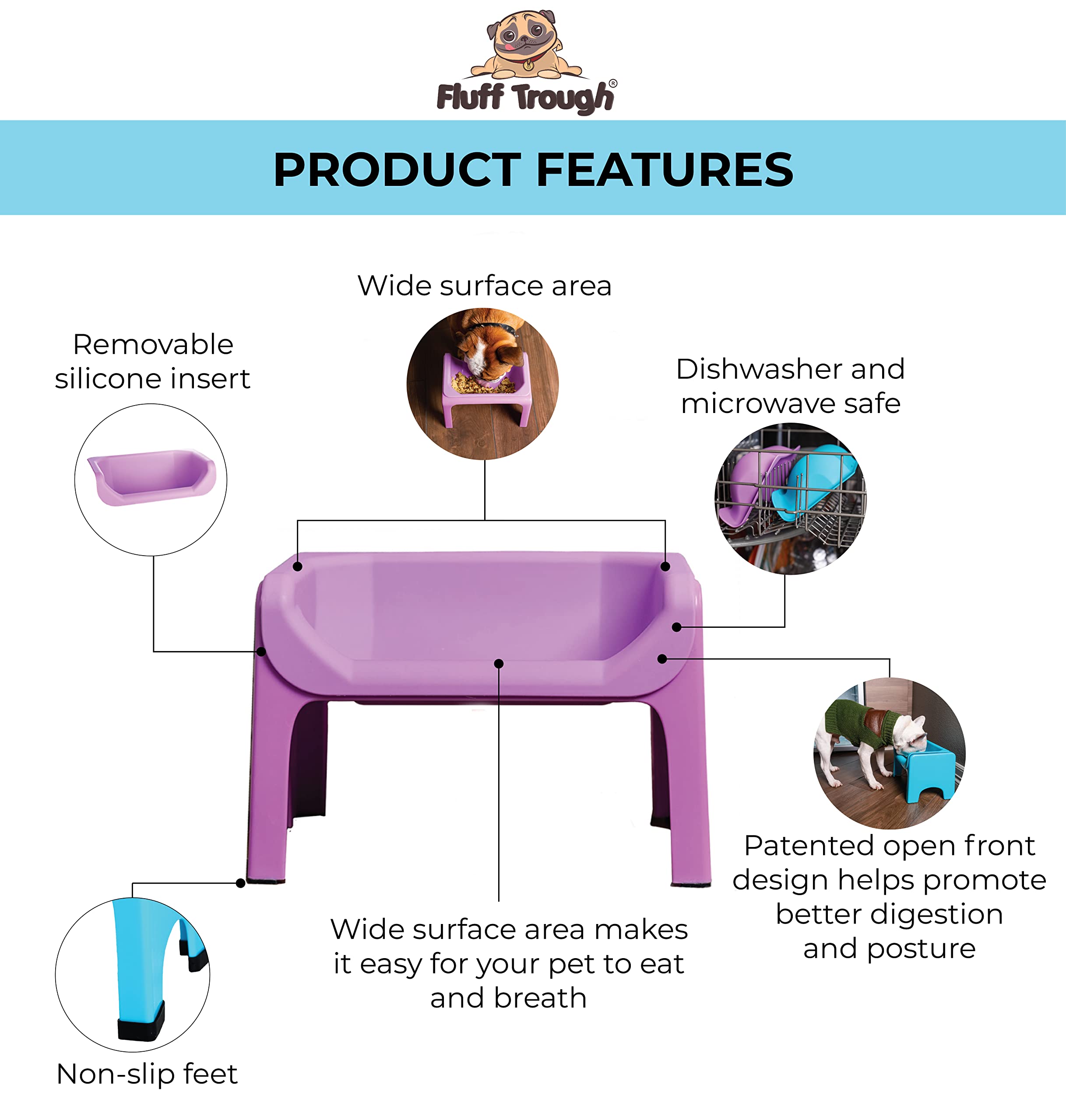 Fluff Trough Elevated Dog Bowl for Food | 5inch Tall Cat & Dog Feeding Station | Vet Approved Non-Toxic Silicone Feeder Bowl Ins