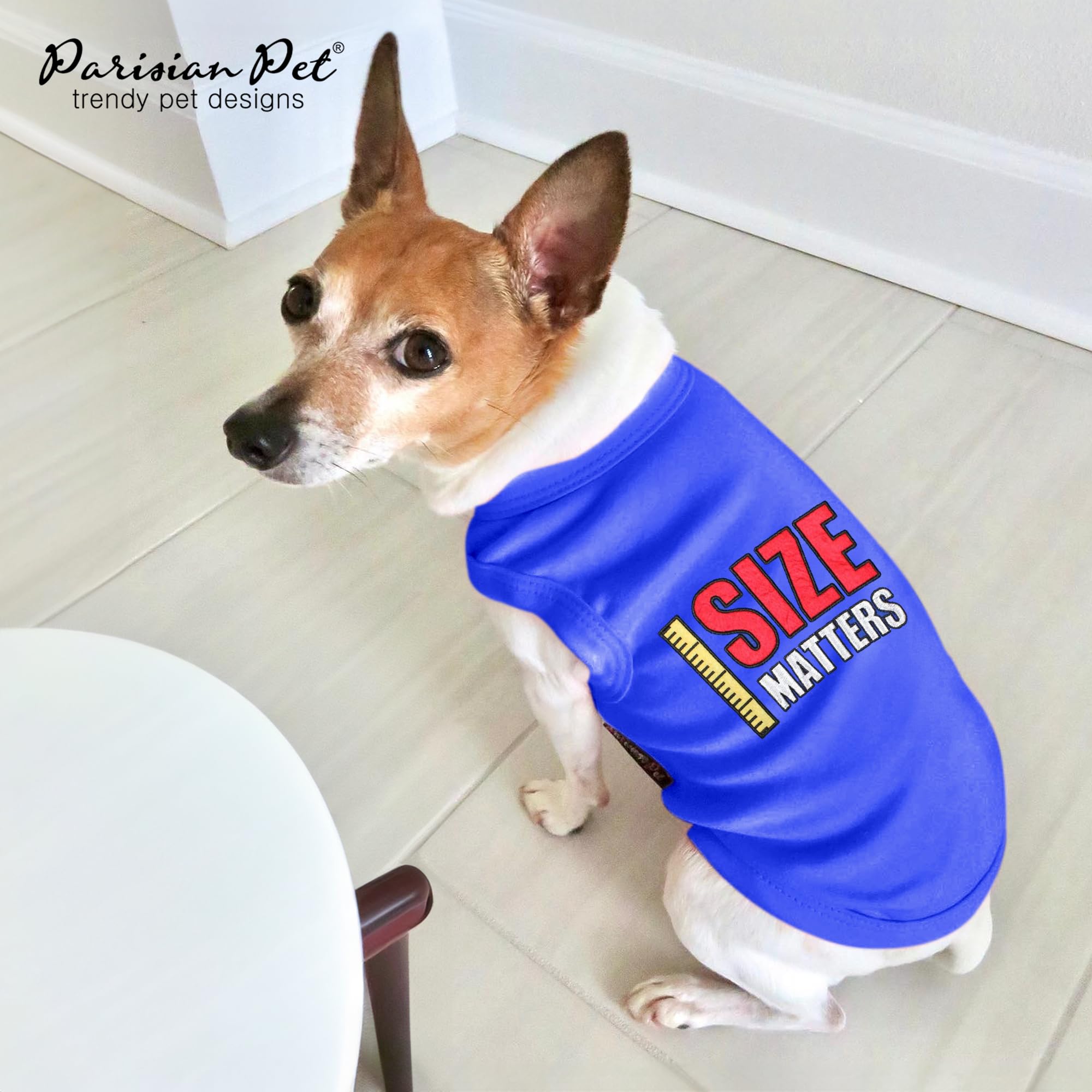 Parisian Pet Dog Tshirt - Embroidered “ Size Matters “ Dog Shirt - Pure Cotton And Lightweight Dog Clothes - Sleeveless Dog Tee Shirts - Machine Washable Dog Shirt For Large Dogs - L