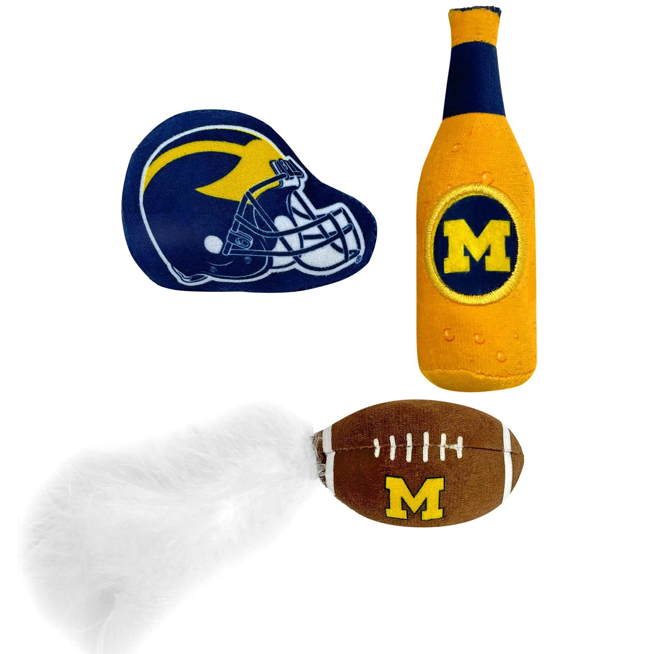 Best Plush Cat Toy Ncaa Michigan Wolverines Complete Set Of 3 Piece Cat Toys Filled With Fresh Catnip. Includes: 1 Helmet Cat Toy, 1 Football Cat Toy With Feathers & 1 Beer Bottle. Beautiful Team Logo