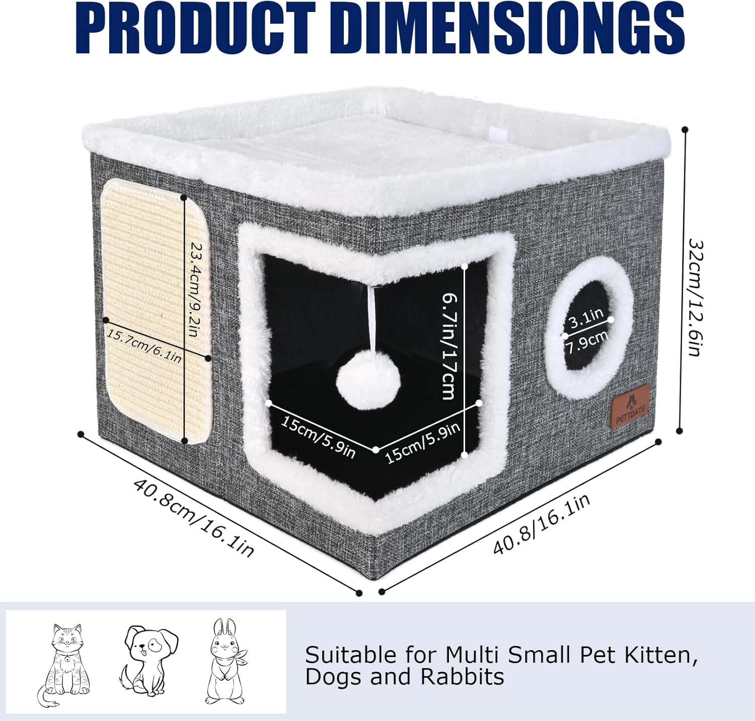 Cat Beds For Indoor Cats, Large Cat Cave Bed With Scratch Pad And Fluffy Ball, Foldable Cat Hideaway, Cat House With Reversible