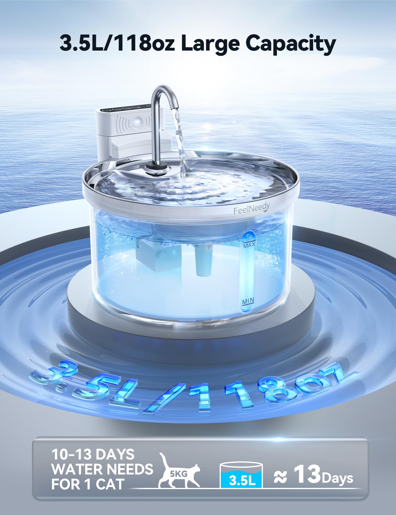 Wireless Cat Water Fountain With Sensor [Water & Battery Separation] Feelneedy Smart Pet Water Fountain, 3.5L/118Oz 4000Mah Batt