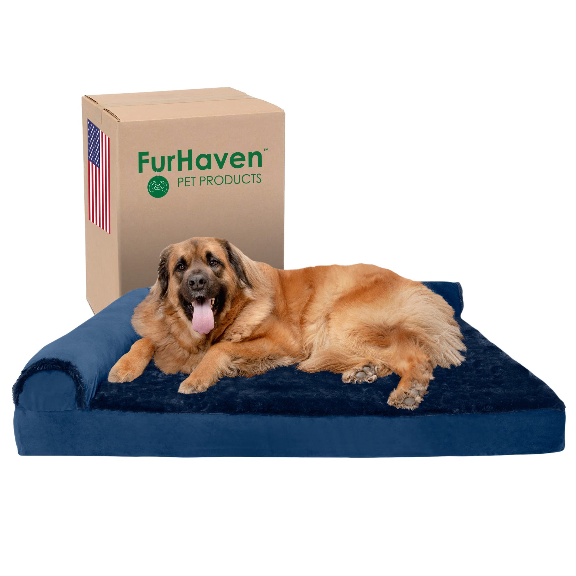 Furhaven Orthopedic Dog Bed For Large Dogs W/ Removable Bolsters & Washable Cover, For Dogs Up To 125 Lbs - Plush & Velvet L Shaped Chaise - Deep Sapphire, Jumbo Plus/Xxl