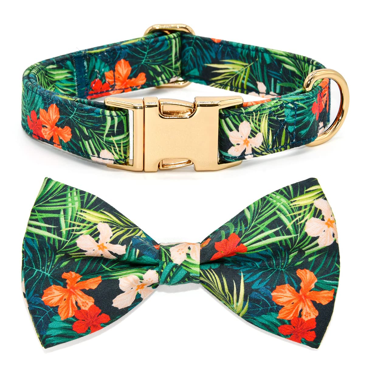 Summer Dog Collars With Bow Tie, Floral Tropical Leaf Bowtie Accessory For Dogs, Gold Metal Accessories Collars For Small Medium
