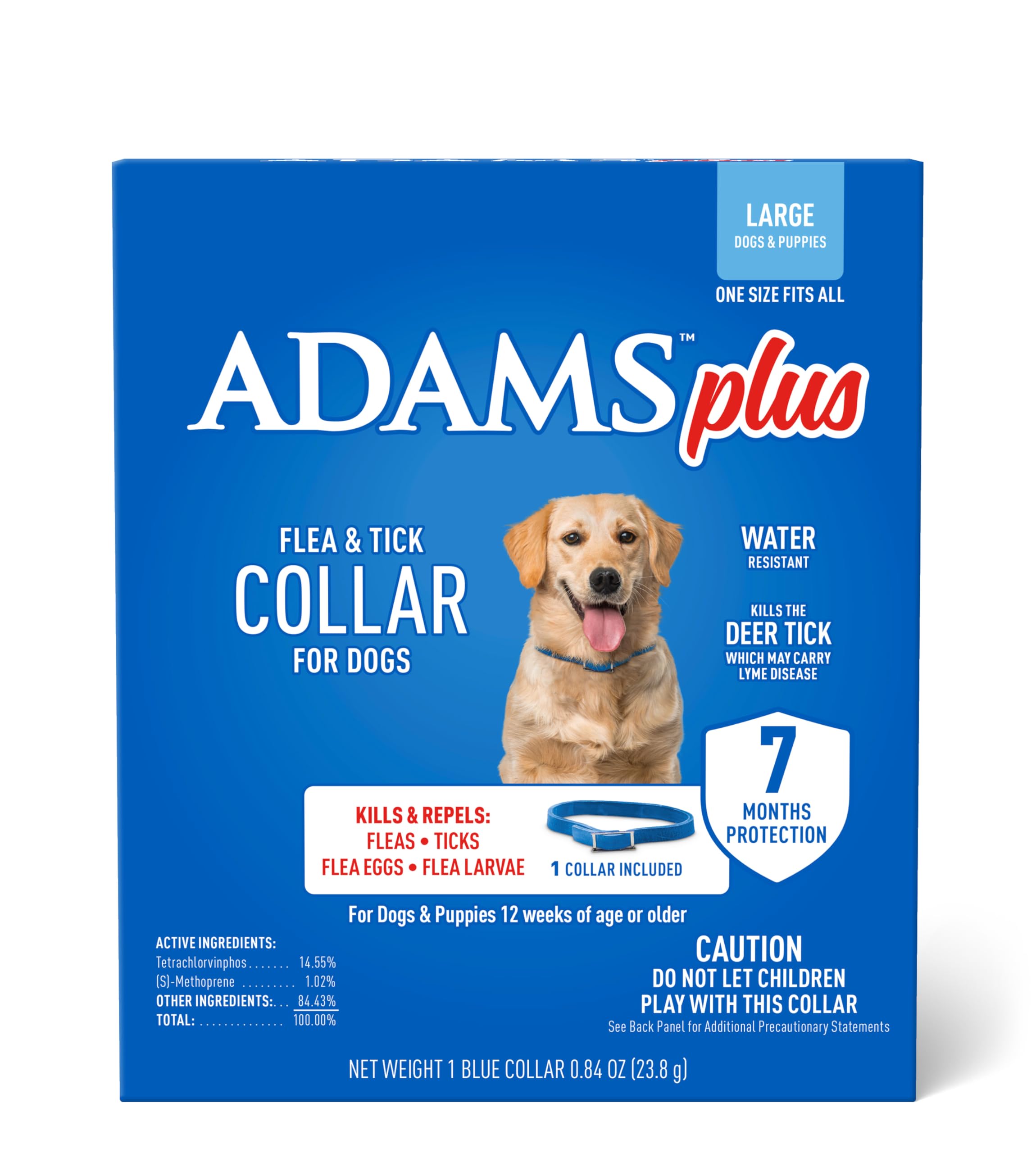 Adams Plus Flea & Tick Collar For Dogs, 7-Month Protection, Adjustable Collar Fits Large Dogs & Puppies, Kills & Repels Fleas, Flea Eggs, Flea Larvae And Ticks, Kills Tick Larvae And Tick Nymphs, Blue