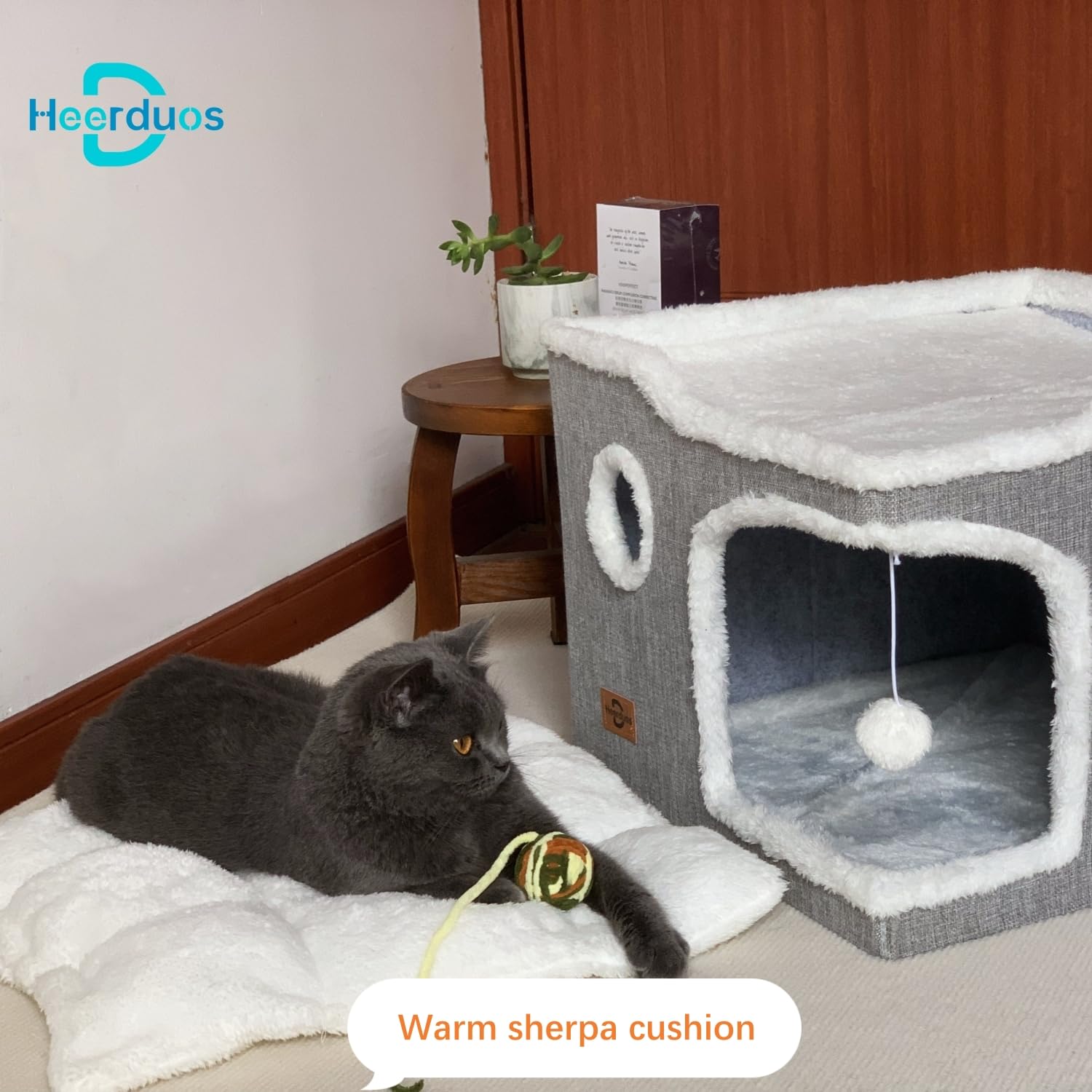 Cat Bed For Indoor Cats,Covered Cat Cave House & Furniture With Scratch Pad,Foldable Cat Hideaway Hut Cute Cat Condo With Soft W