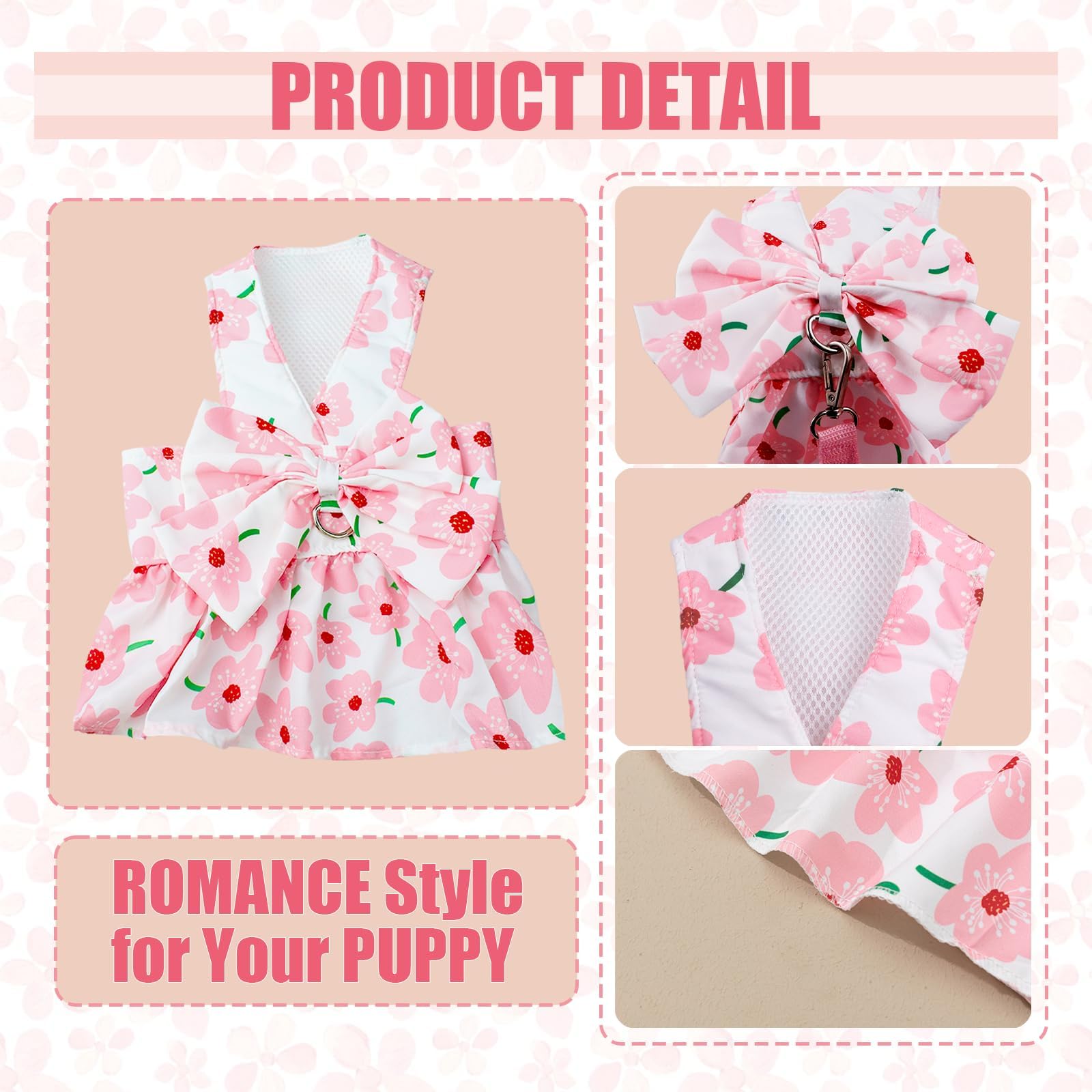 Dog Dress Bowknot Harness Leash Set For Small Girl Dogs Pink Floral Dog Cat Clothes Cute Puppy Outfits Pet Clothes Spring Summer