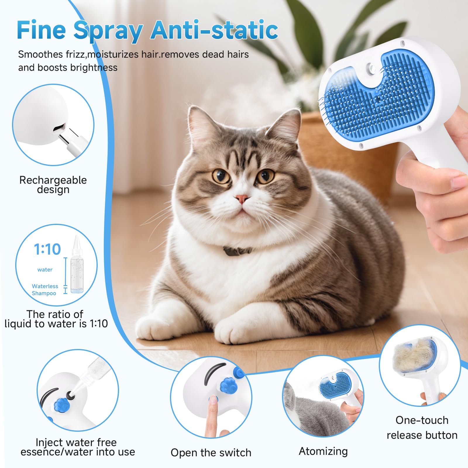 Pet Steam Brush for Dog & Cat - 3-in-1 Steam Grooming Brush for Shedding & Hair Removal - Pet comb leave-in serum with Mist for