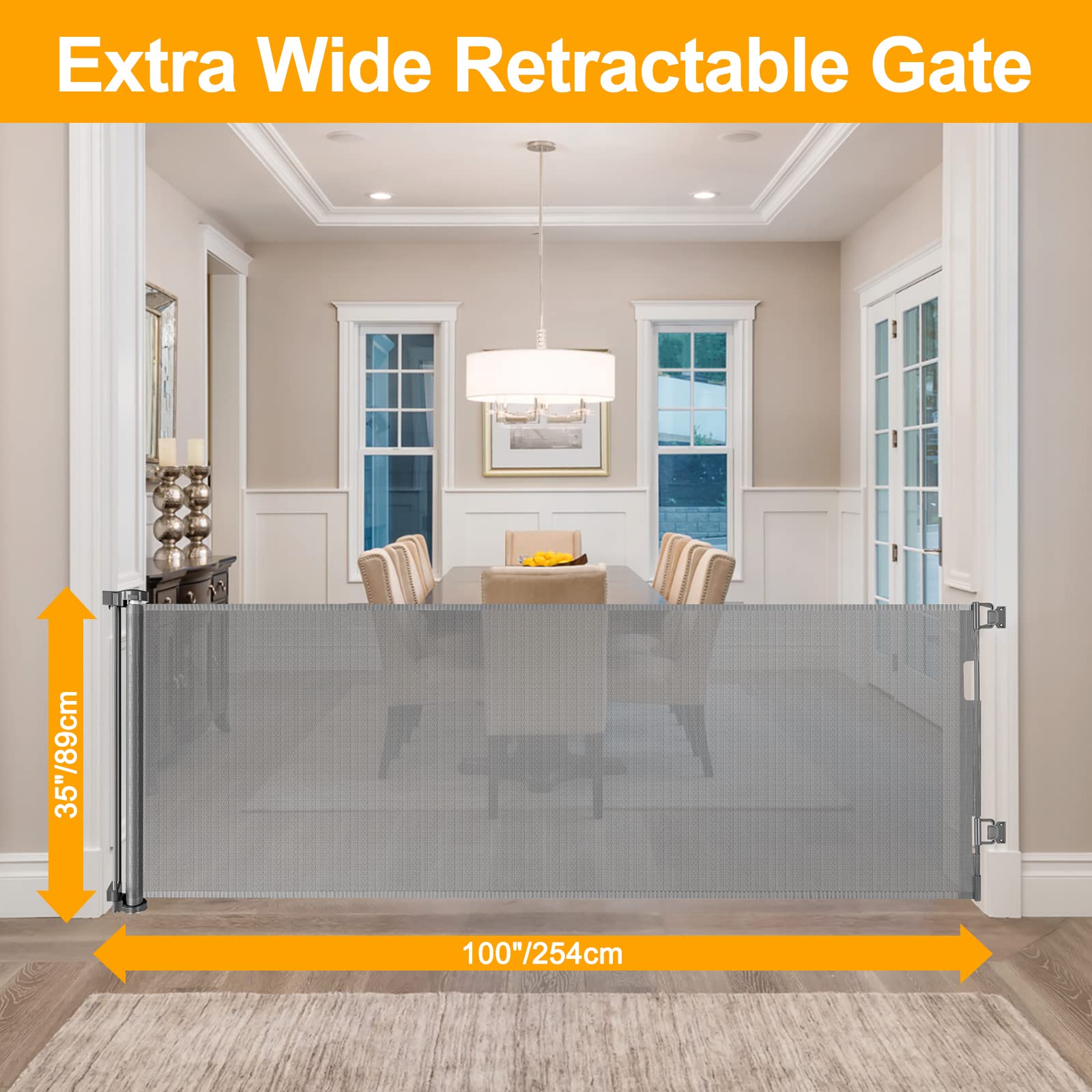 Womhom 100 Inch Extra Wide Baby Gate For Large Opening Outdoor Retractable Baby Gates For Doorways Extra Long Retractable Dog Gate Extra Large Pet Gates For Dogs Indoor Mesh Baby Gate (Grey)