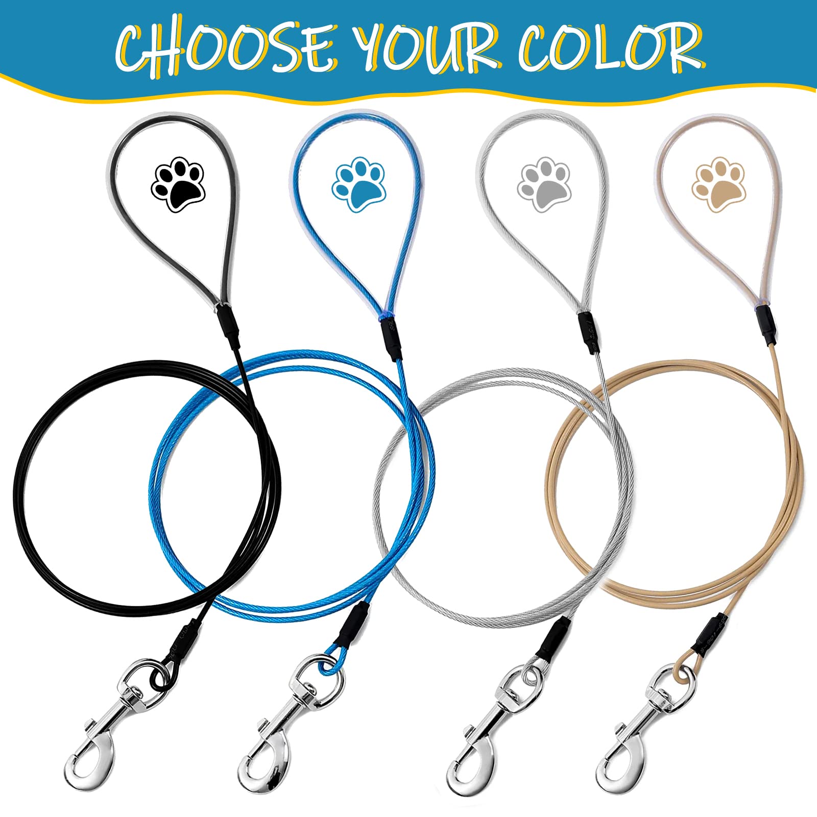 Mi Metty Chew Proof Dog Leash - Six Foot Metal Cable Lead. Heavy Duty Leash Made Of Coated Wire Rope. Chew Resistant, Great For Large Dogs And Teething Puppies. Dog Chains (2 Pack, Black+Khaki)