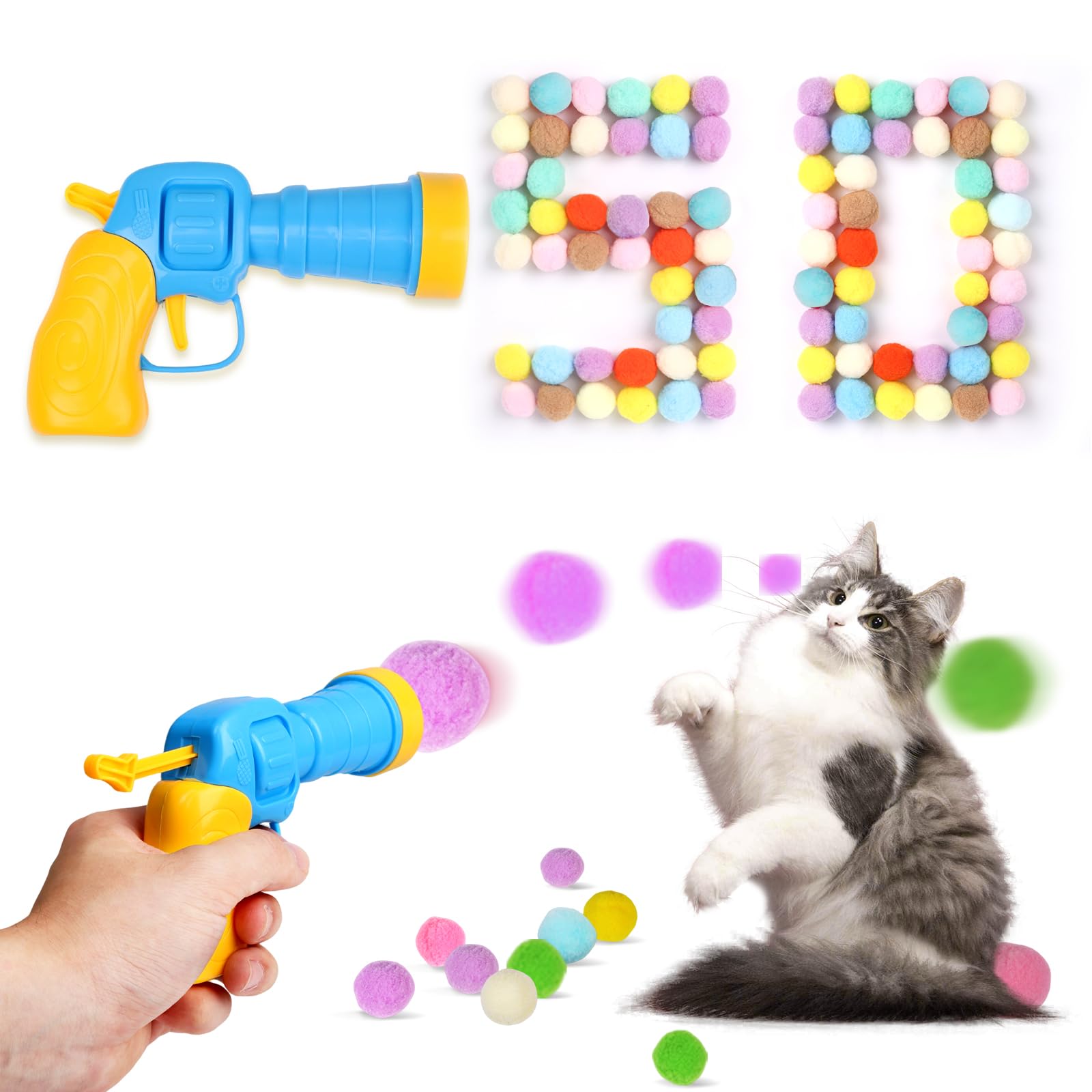 Teawoo Cat Toy Balls With Launchers Set (1+50), 50 Cat Pom Pom Balls & 1 Ball Launchers (Durable Reinforced Edition)
