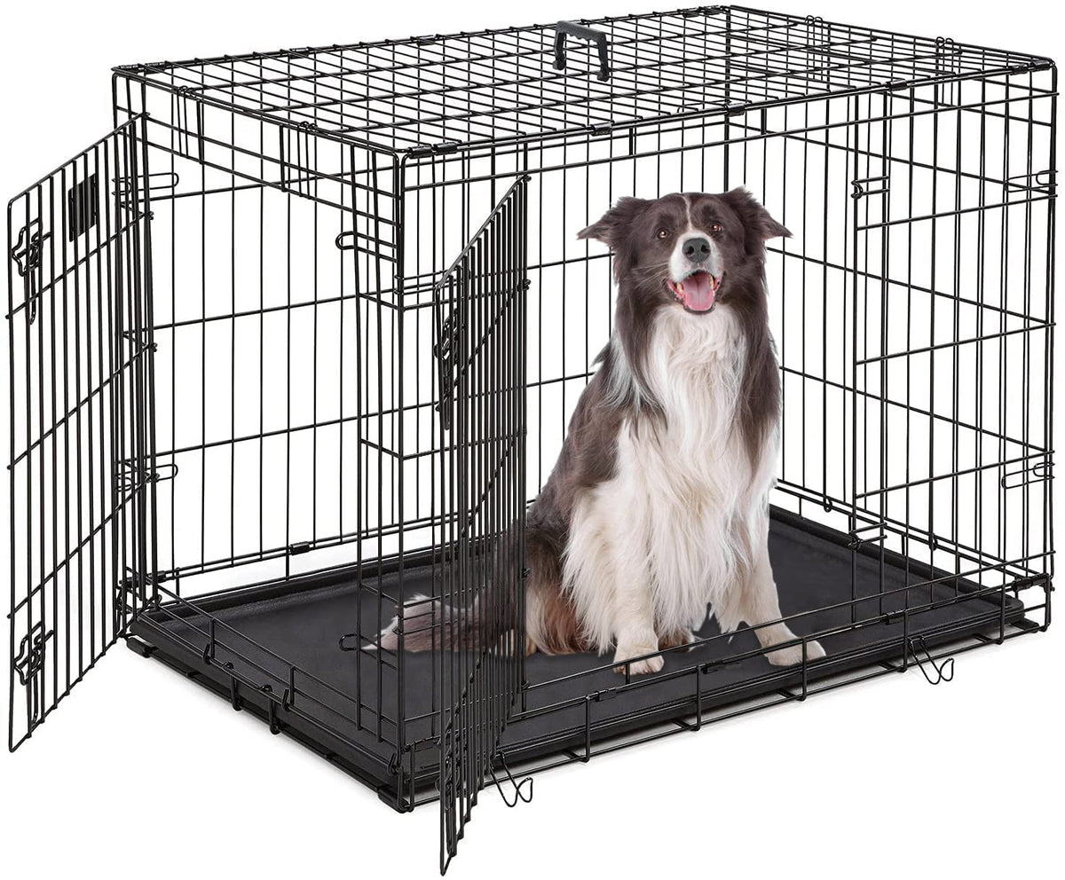 Hcy Dog Cage Dog Crate Dog Kennel Folding Metal Pet Crate For Small/Medium/Large Dogs 42 Inch Double Doors Puppy Kennel With Divider Panel Indoor Outdoor Travel Use(Black)