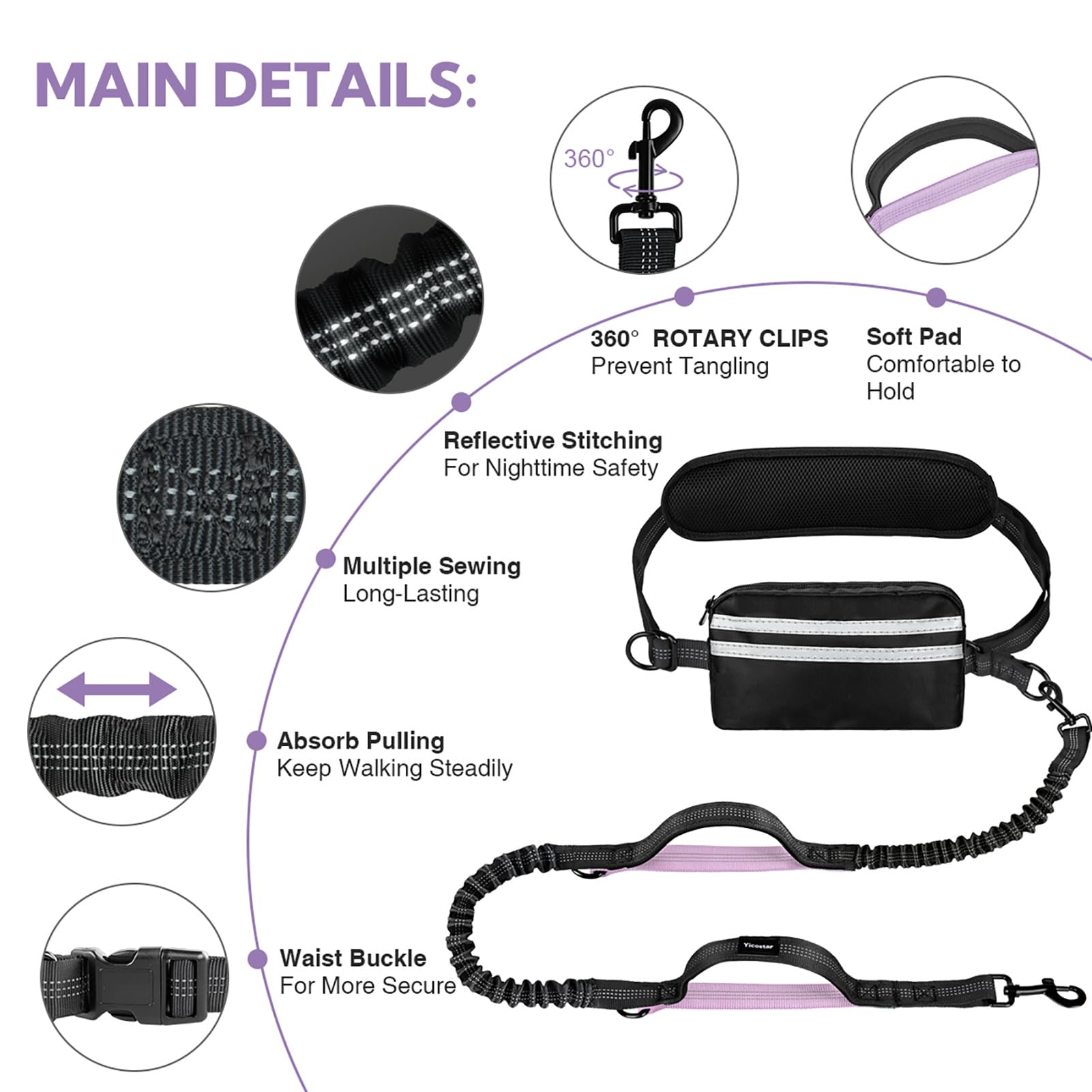 Yicostar Hands Free Dog Leash, Shcok Abosoring Bungee With Double Padded Handles, Waist Leash For Dog Walking, Dog Leash With Bu