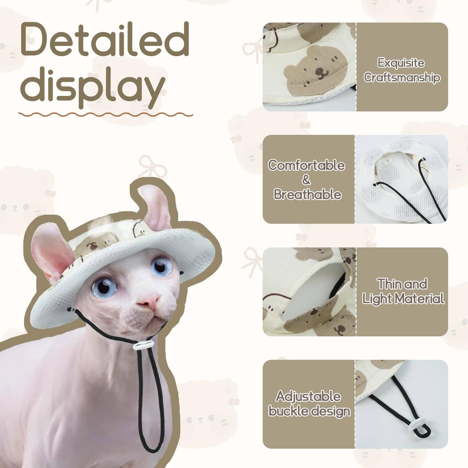 T'Chaque Cat Hats For Cats Only, Cat Sun Hat With Ear Holes, Mini Sombrero For Kittens, Breathable Summer Cap, Outdoor Sun Prote